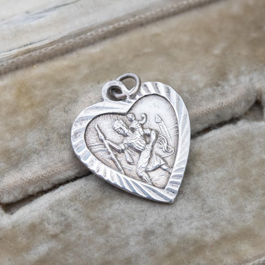 Vintage Sterling Silver St. Christopher Pendant - Love Heart | Saint of Travelling | Christian Religious Detailed Jewellery Gift