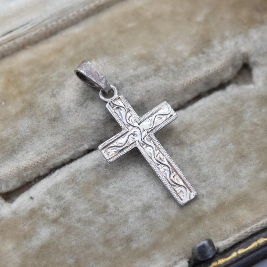 Vintage Kordes and Lichtenfels Sterling Silver Floral Cross Pendant - Textured Scrolling Engraving | Vintage Religious Jewellery