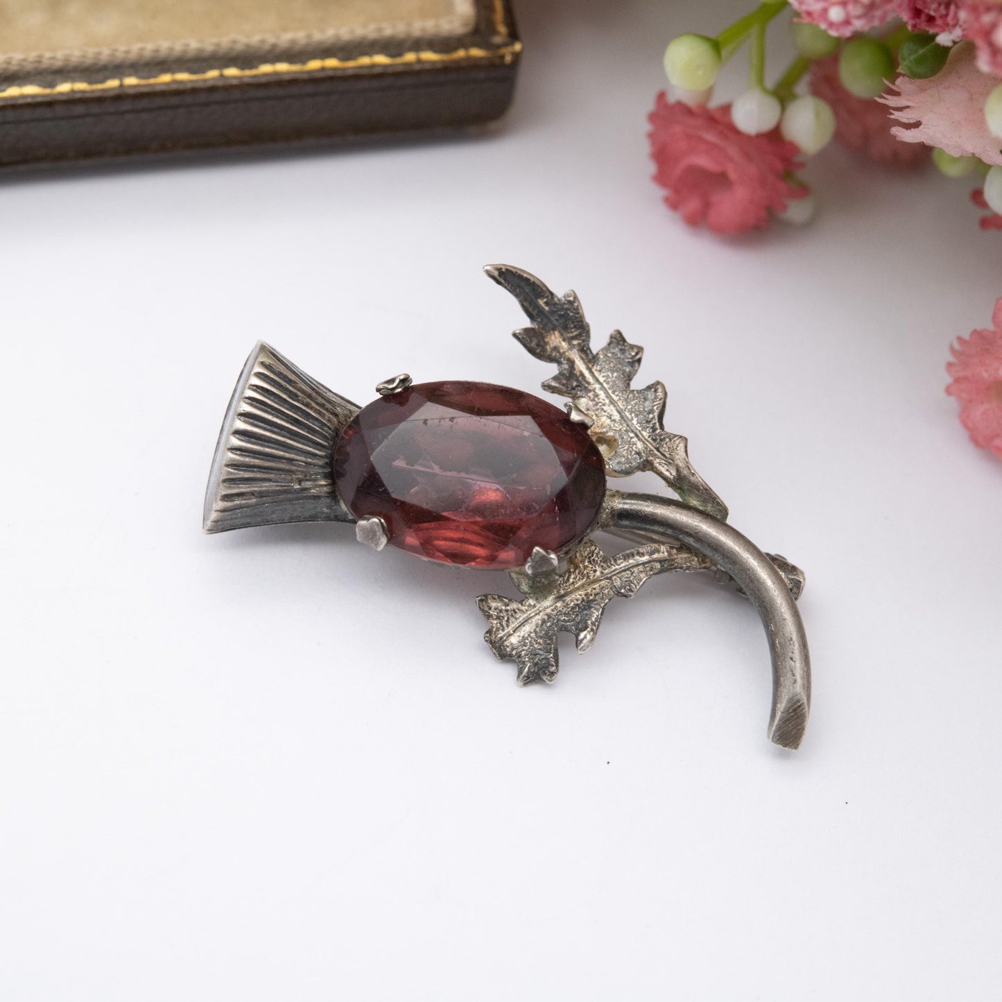 Vintage Sterling Silver Scottish Thistle Brooch - Purple Foiled Glass | Traditional Flower of Scotland Pin