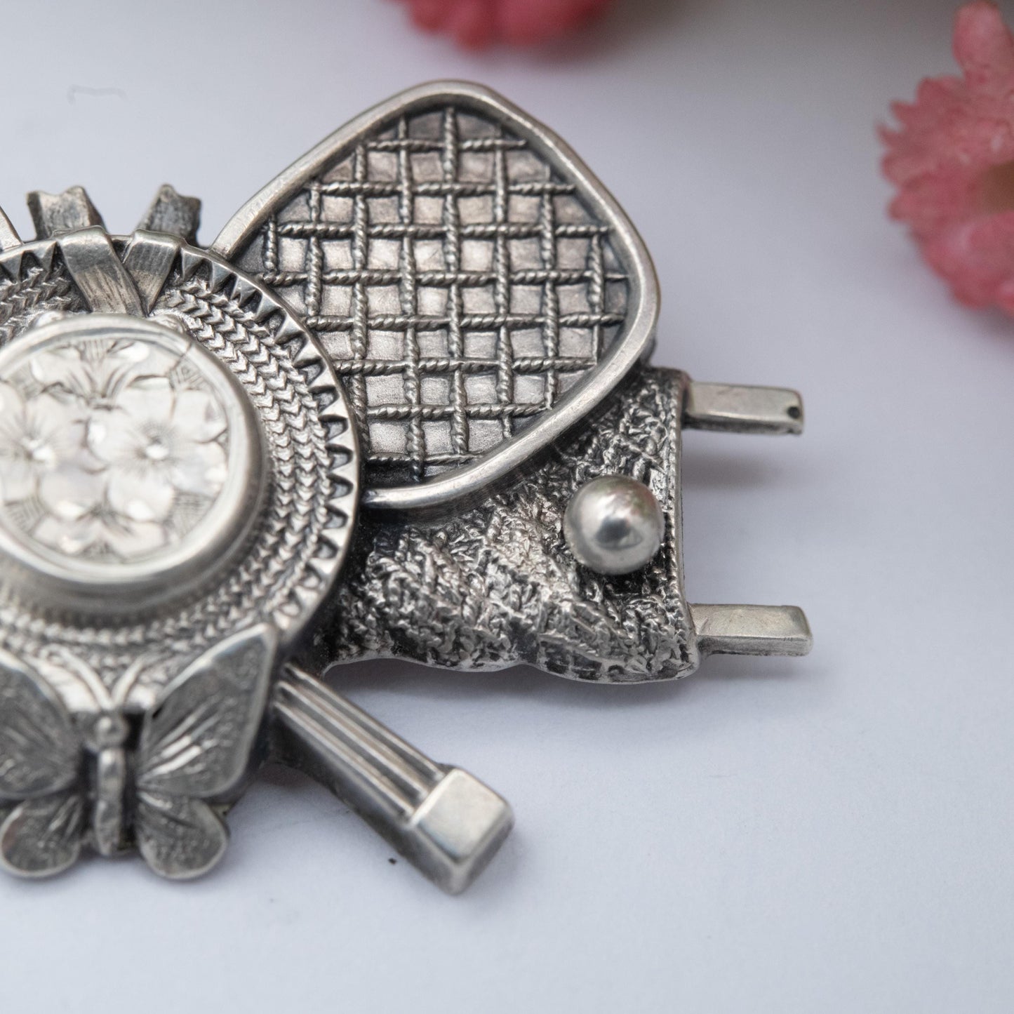 Antique Victorian Sterling Silver Tennis Locket Brooch - Crossed Rackets Net and Hat Design | Sentimental Jewellery