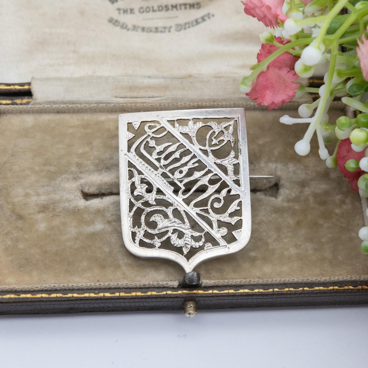 Antique Silver Shield Brooch - Beautiful Floral Openwork and Script Design | Middle East African Script