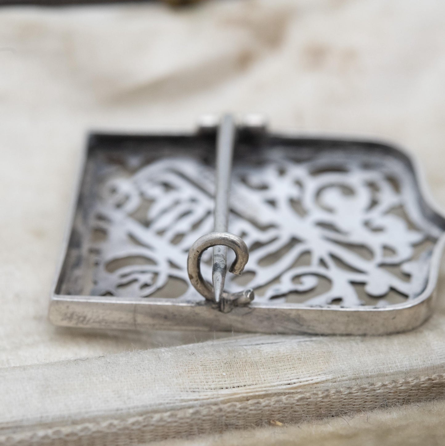 Antique Silver Shield Brooch - Beautiful Floral Openwork and Script Design | Middle East African Script