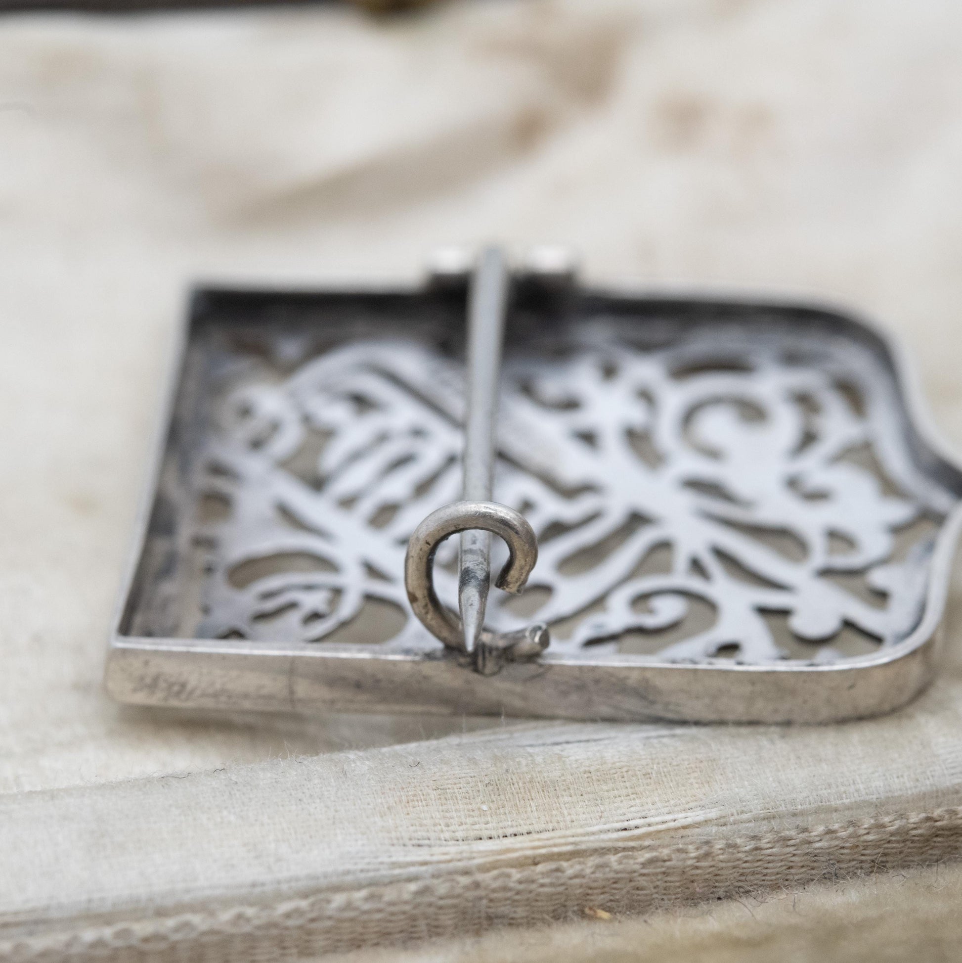 Antique Silver Shield Brooch - Beautiful Floral Openwork and Script Design | Middle East African Script