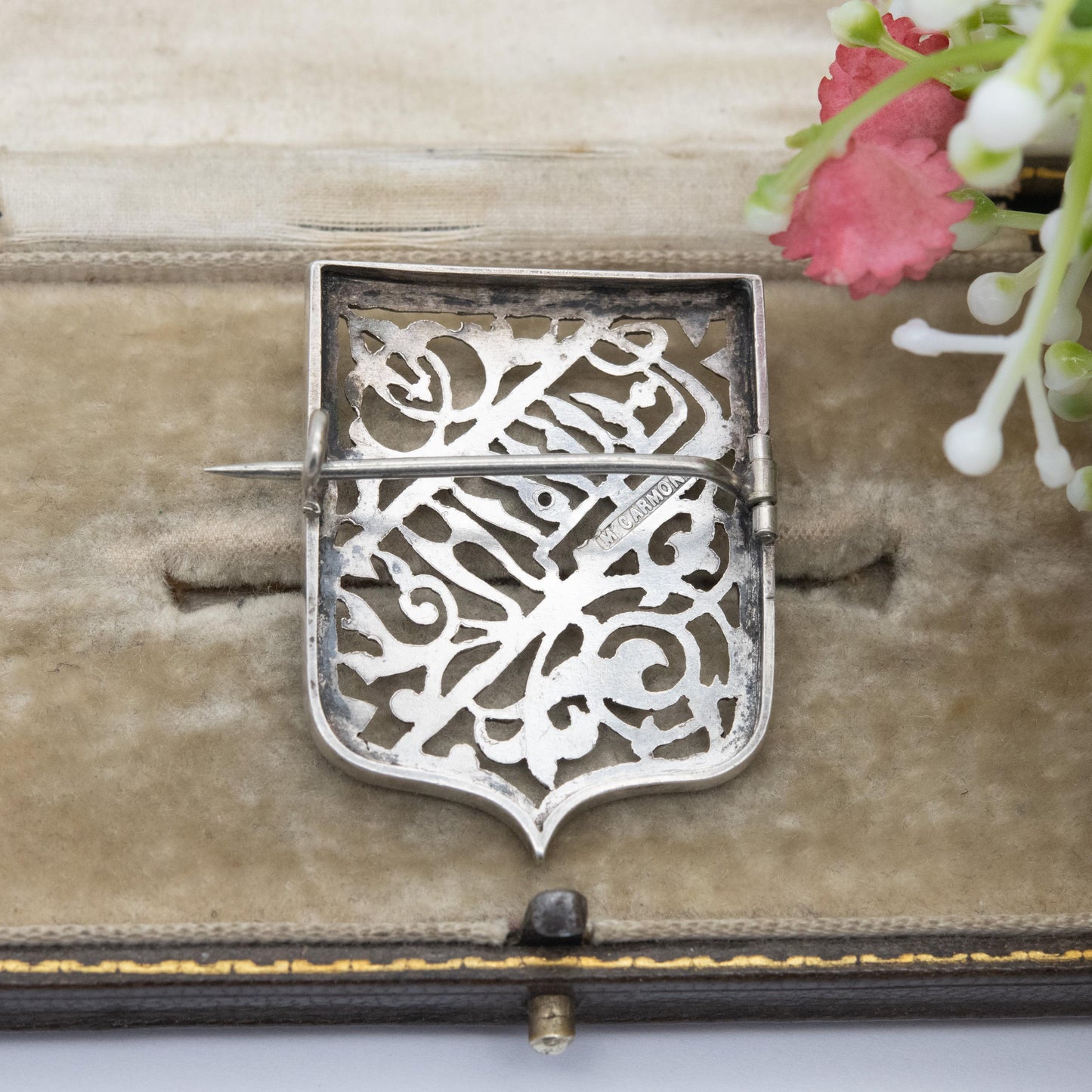 Antique Silver Shield Brooch - Beautiful Floral Openwork and Script Design | Middle East African Script