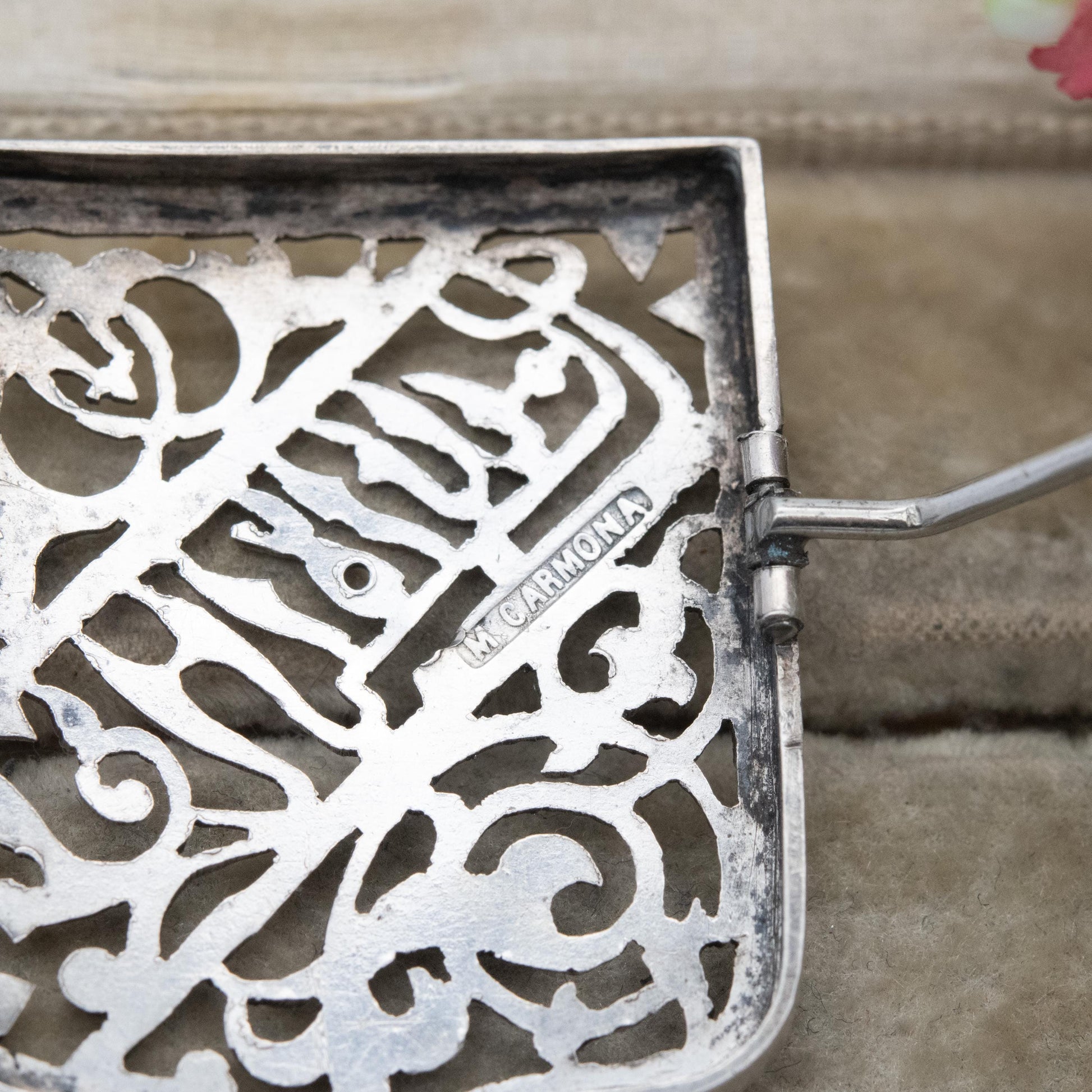 Antique Silver Shield Brooch - Beautiful Floral Openwork and Script Design | Middle East African Script
