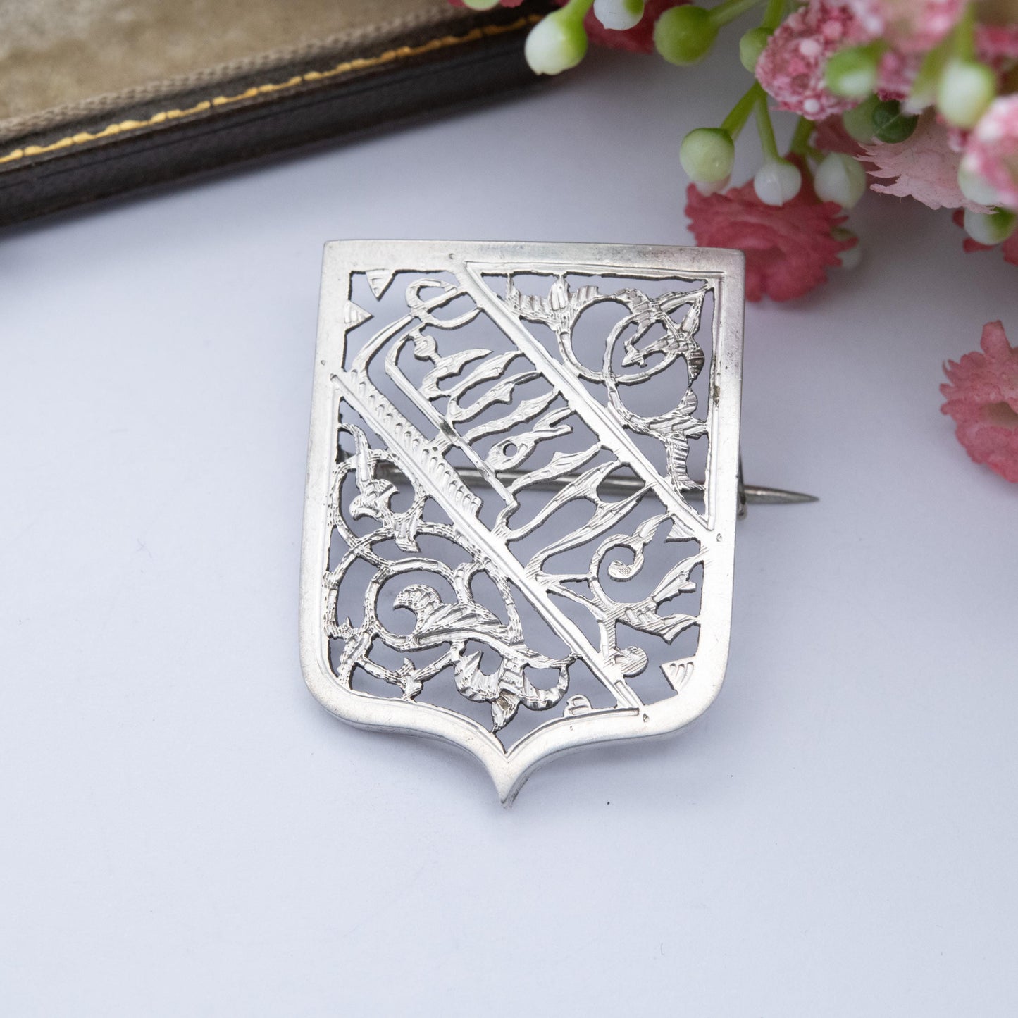 Antique Silver Shield Brooch - Beautiful Floral Openwork and Script Design | Middle East African Script
