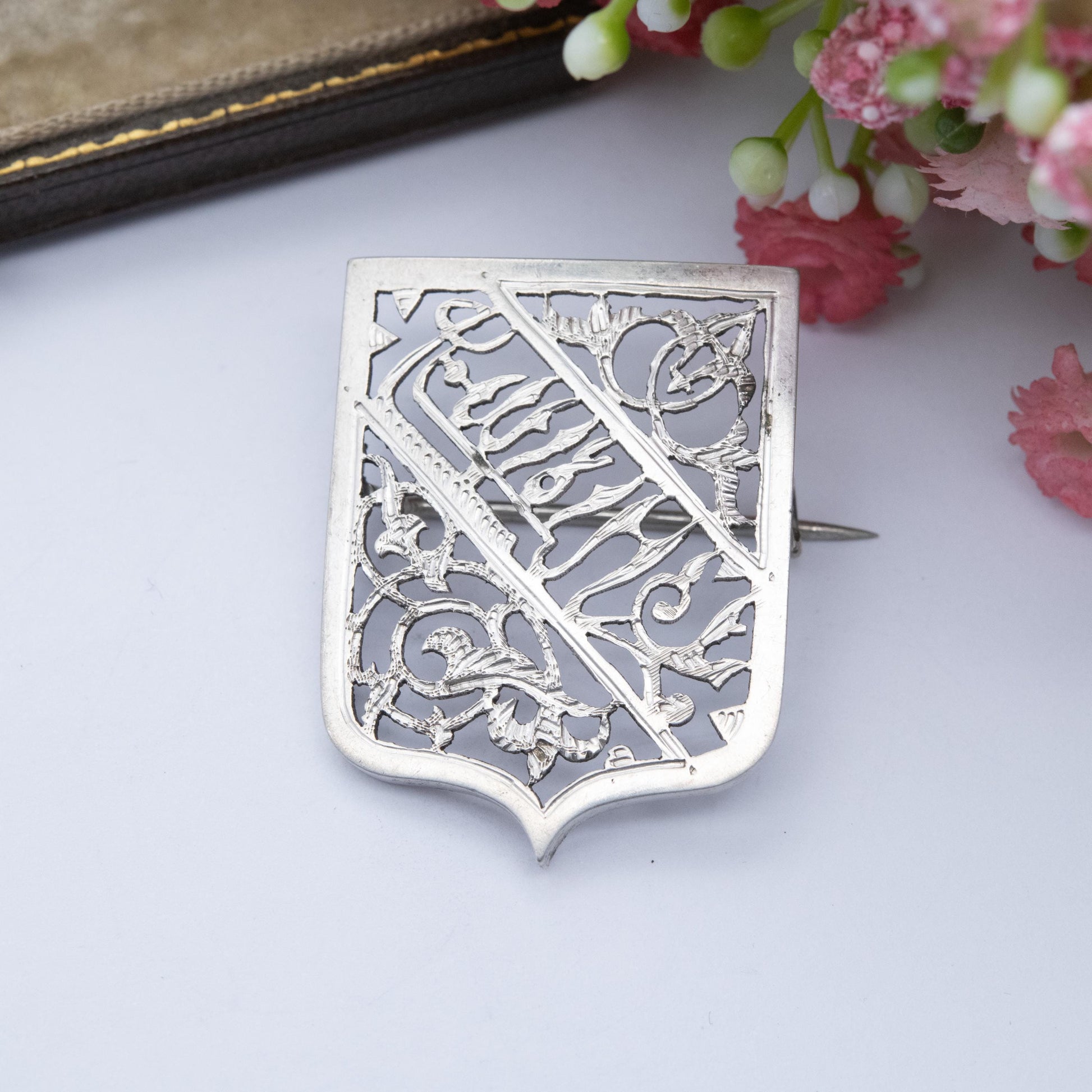 Antique Silver Shield Brooch - Beautiful Floral Openwork and Script Design | Middle East African Script