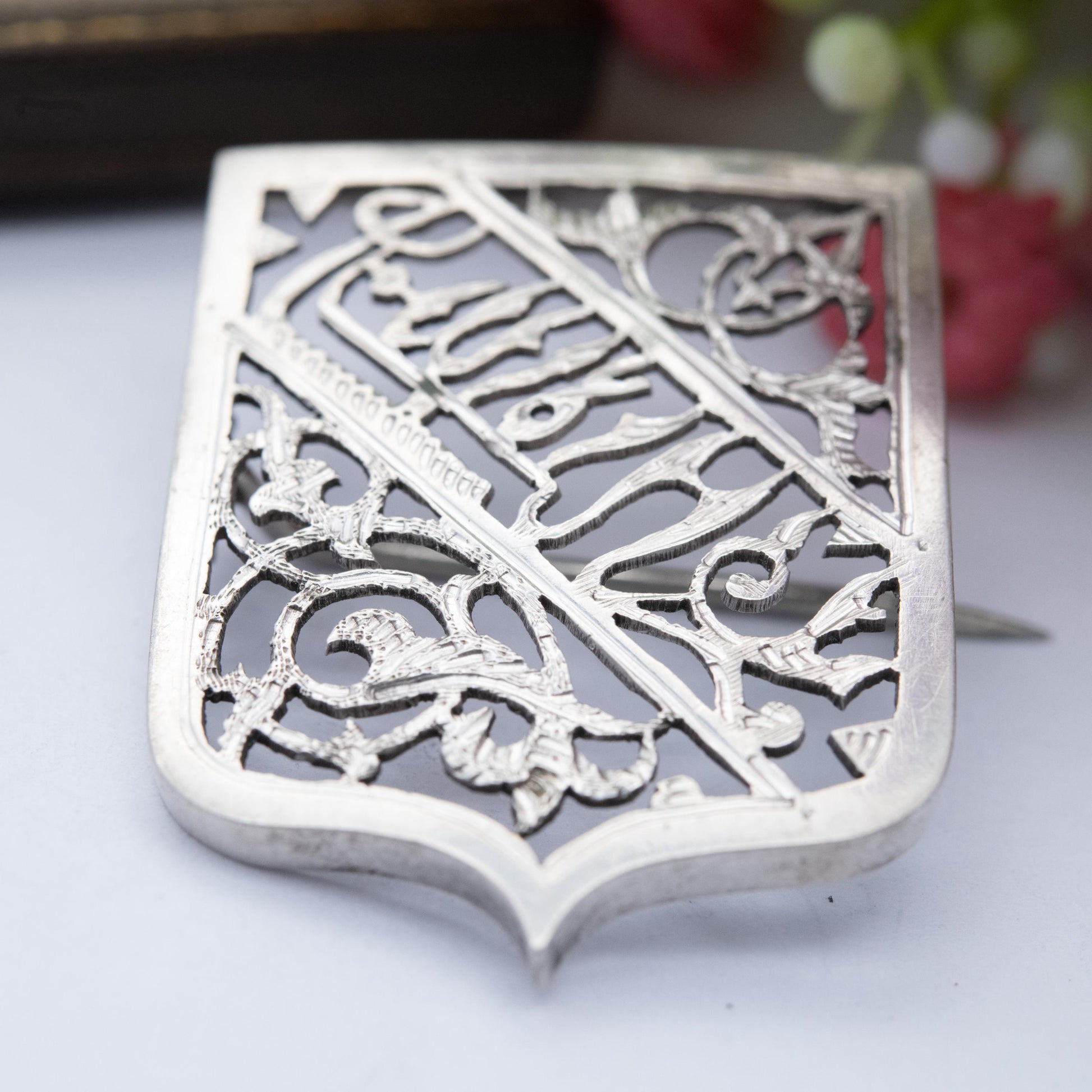 Antique Silver Shield Brooch - Beautiful Floral Openwork and Script Design | Middle East African Script