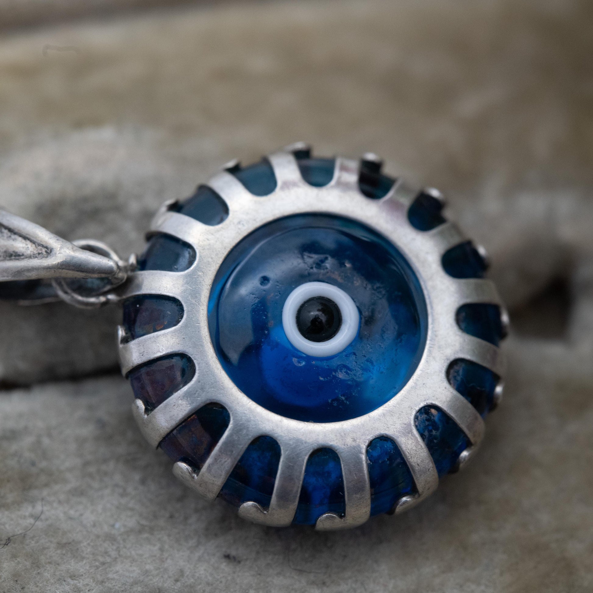 Vintage Sterling Silver Glass Evil Eye Charm Pendant - Small Round Blue Charm for Necklace Pendant