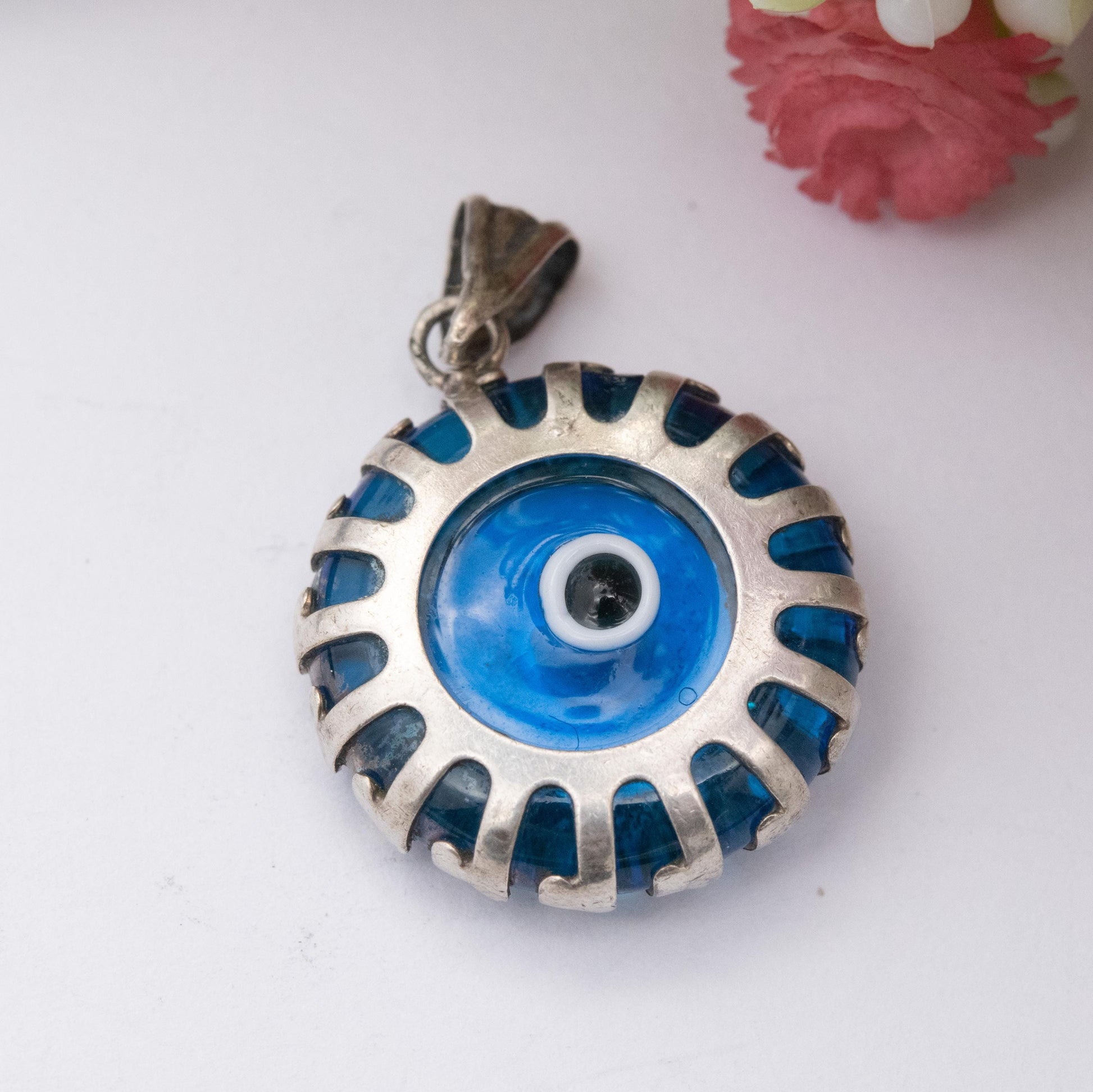 Vintage Sterling Silver Glass Evil Eye Charm Pendant - Small Round Blue Charm for Necklace Pendant