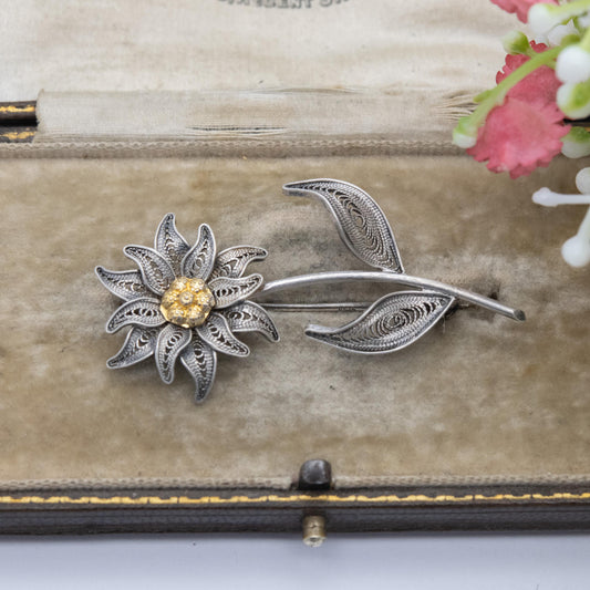 Vintage Sterling Silver Filigree Flower Brooch - Openwork Beaded Floral Design | Statement Jewellery | Gift for Her | Gift for Mother