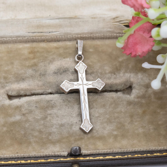 Vintage Andreas Daub Sterling Silver Cross Pendant - Trefoil Floral Etching Design | Cross Bottony | Gift for Christian