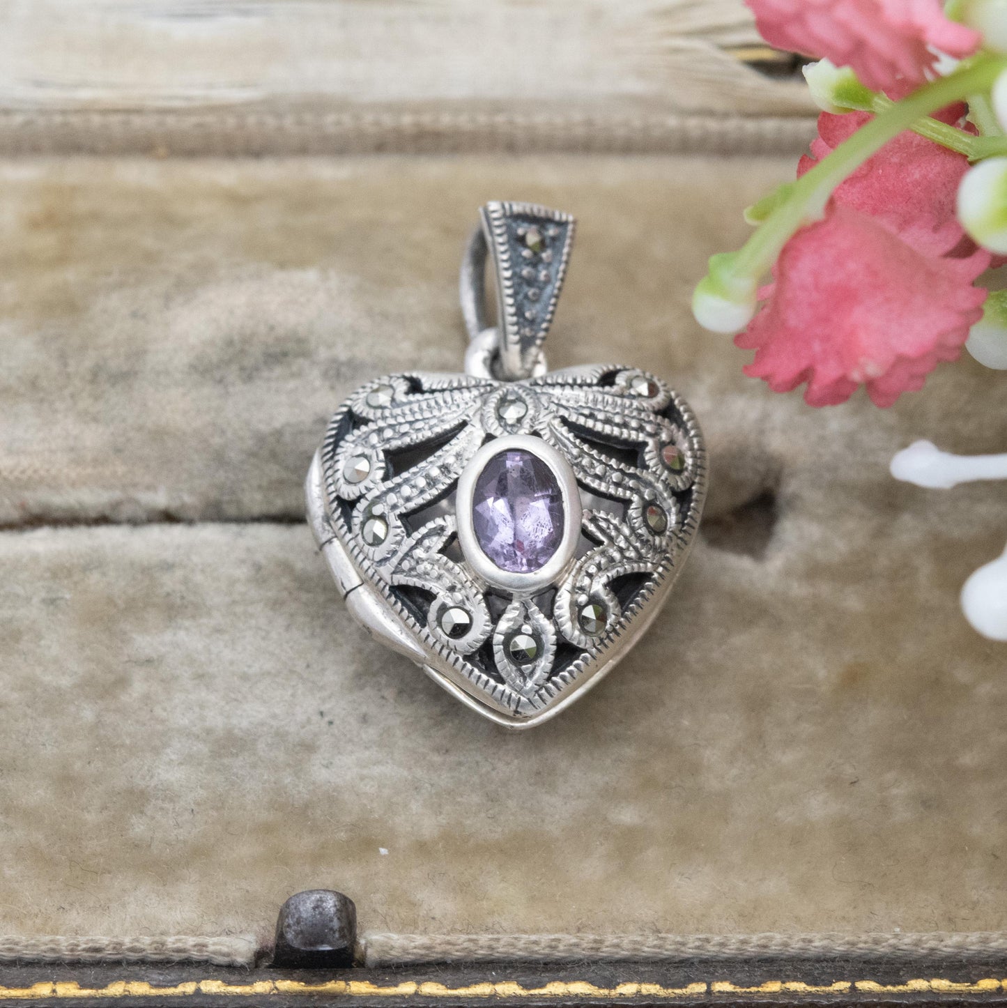 Sterling Silver Marcasite & Amethyst Heart Locket Pendant - Thai | Ornate | Love Heart | Pretty Gift for Her Necklace