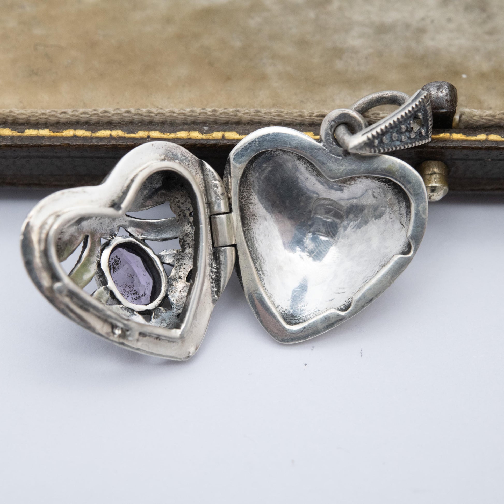Sterling Silver Marcasite & Amethyst Heart Locket Pendant - Thai | Ornate | Love Heart | Pretty Gift for Her Necklace
