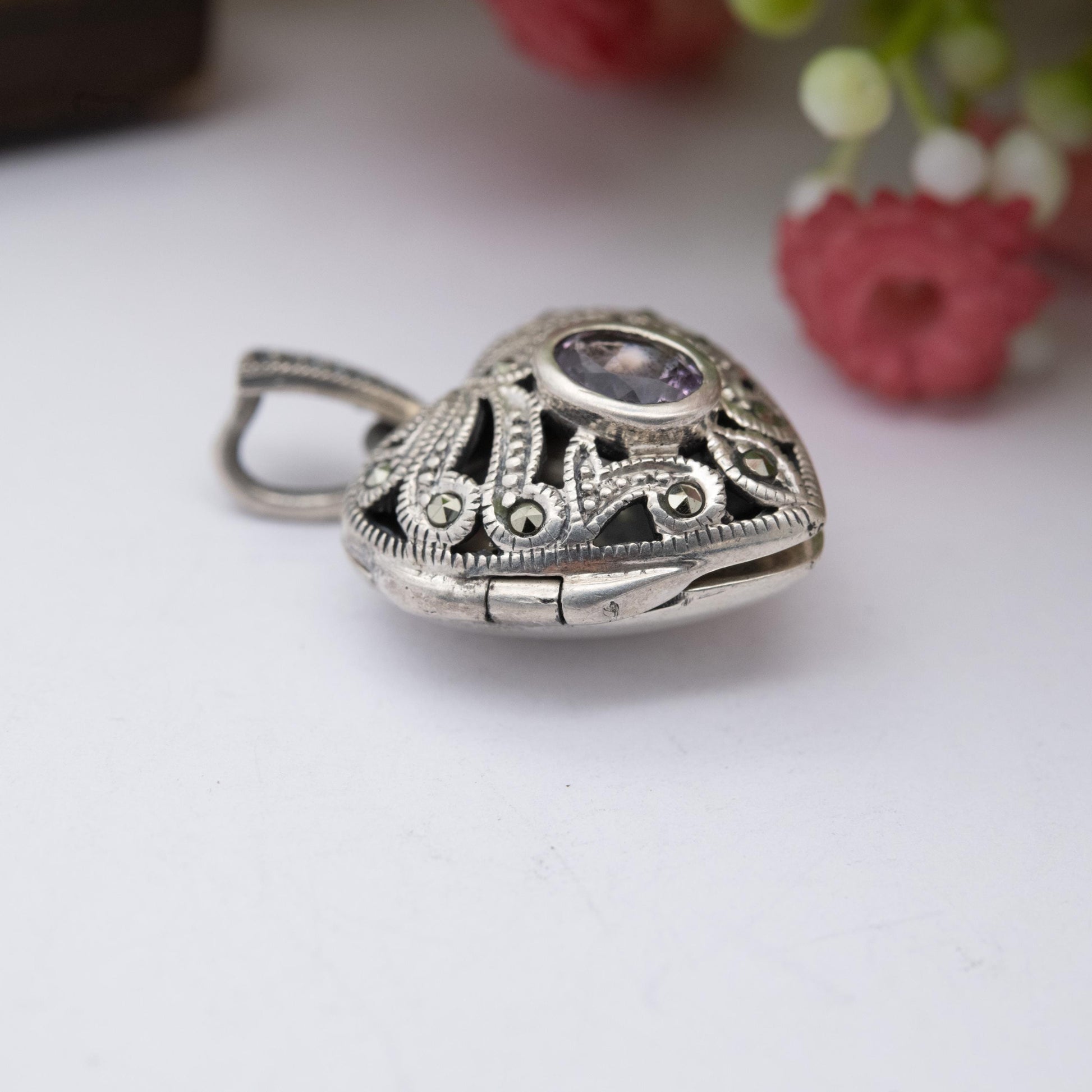 Sterling Silver Marcasite & Amethyst Heart Locket Pendant - Thai | Ornate | Love Heart | Pretty Gift for Her Necklace