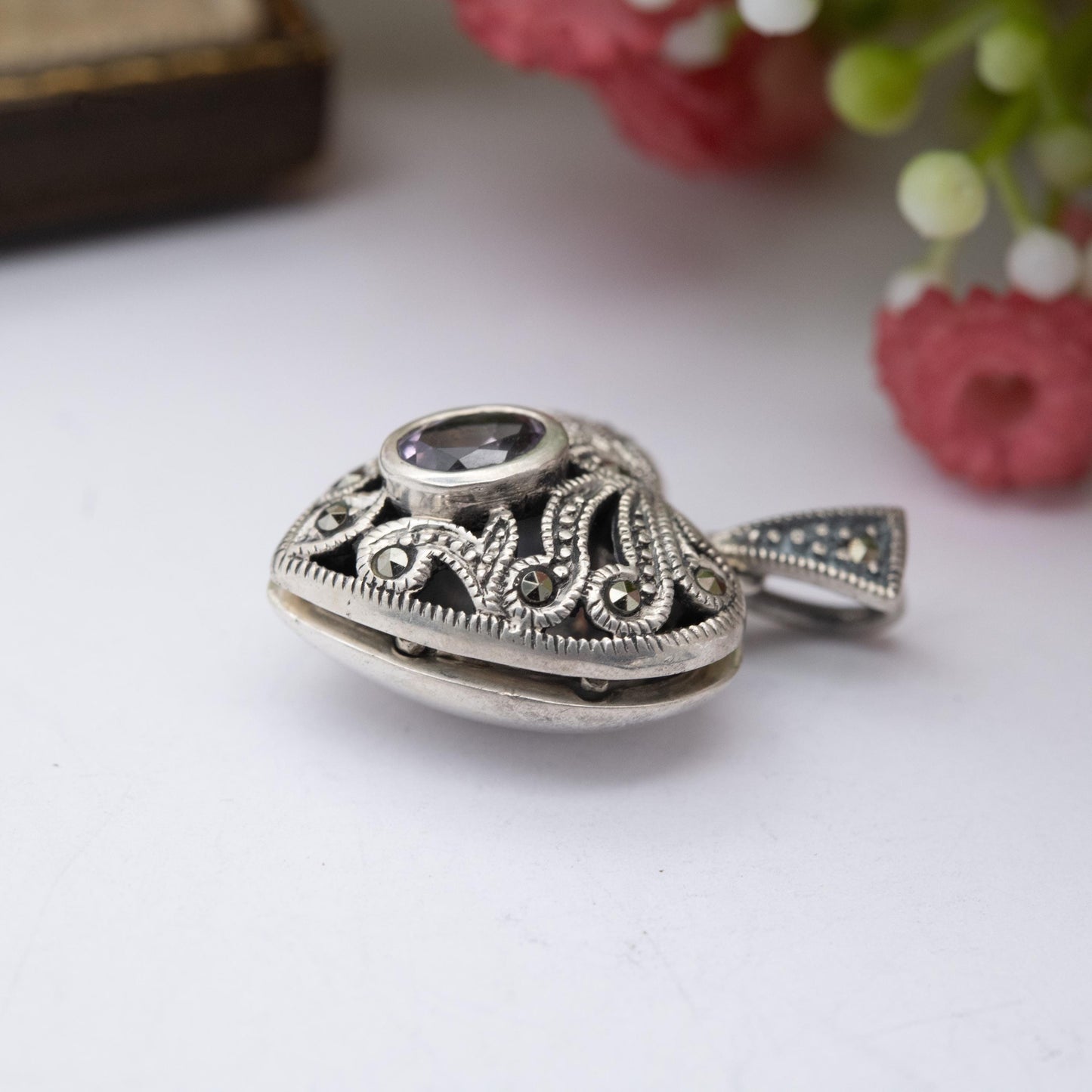 Sterling Silver Marcasite & Amethyst Heart Locket Pendant - Thai | Ornate | Love Heart | Pretty Gift for Her Necklace