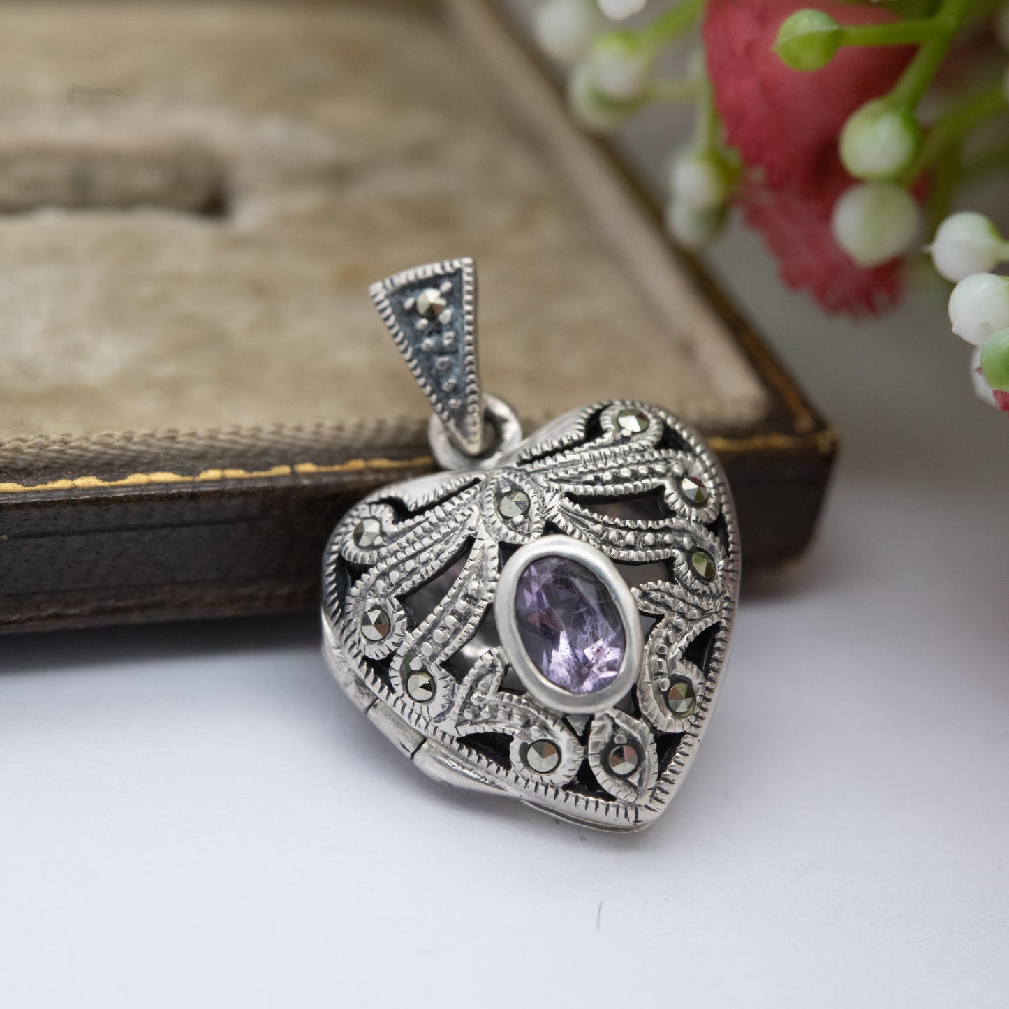 Sterling Silver Marcasite & Amethyst Heart Locket Pendant - Thai | Ornate | Love Heart | Pretty Gift for Her Necklace