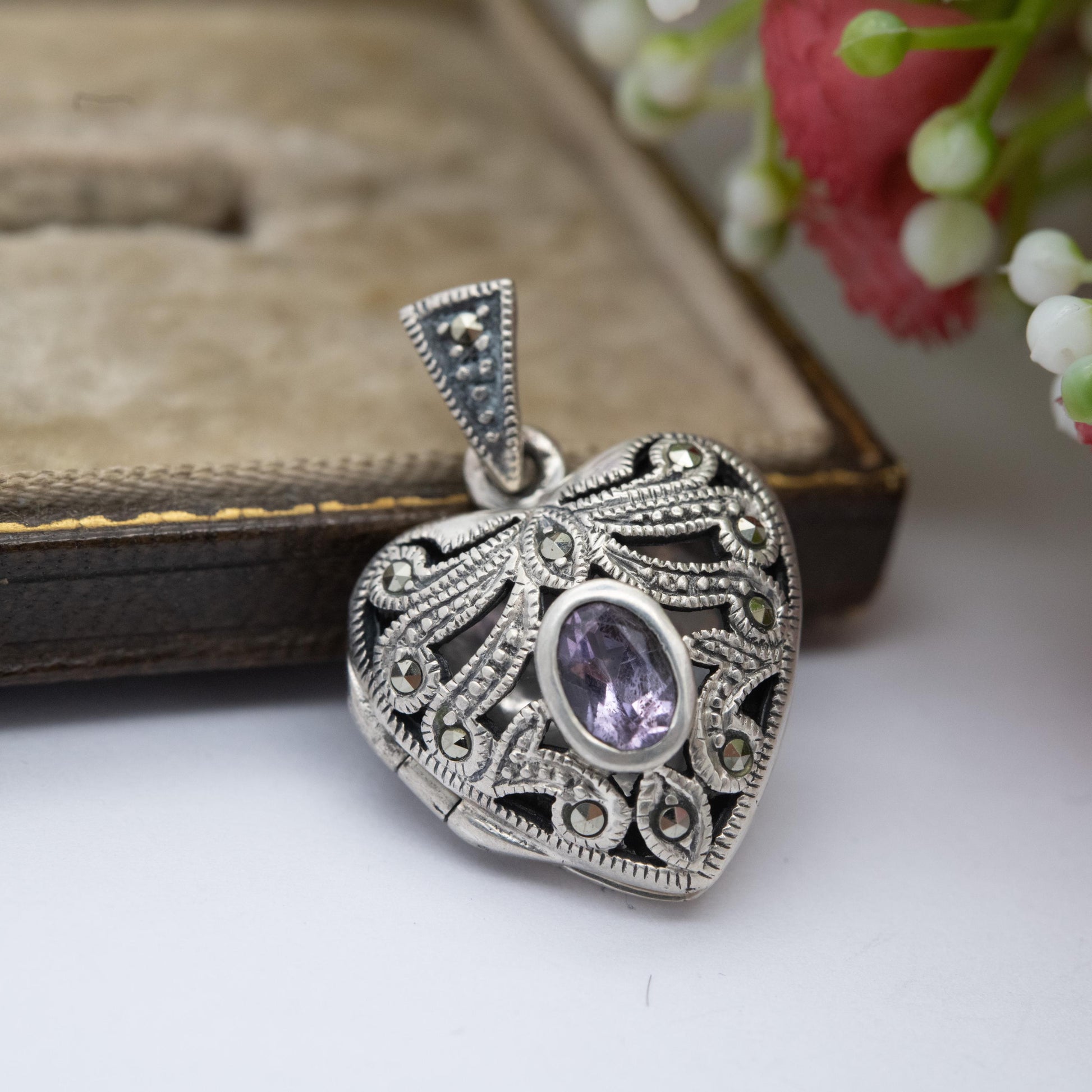 Sterling Silver Marcasite & Amethyst Heart Locket Pendant - Thai | Ornate | Love Heart | Pretty Gift for Her Necklace