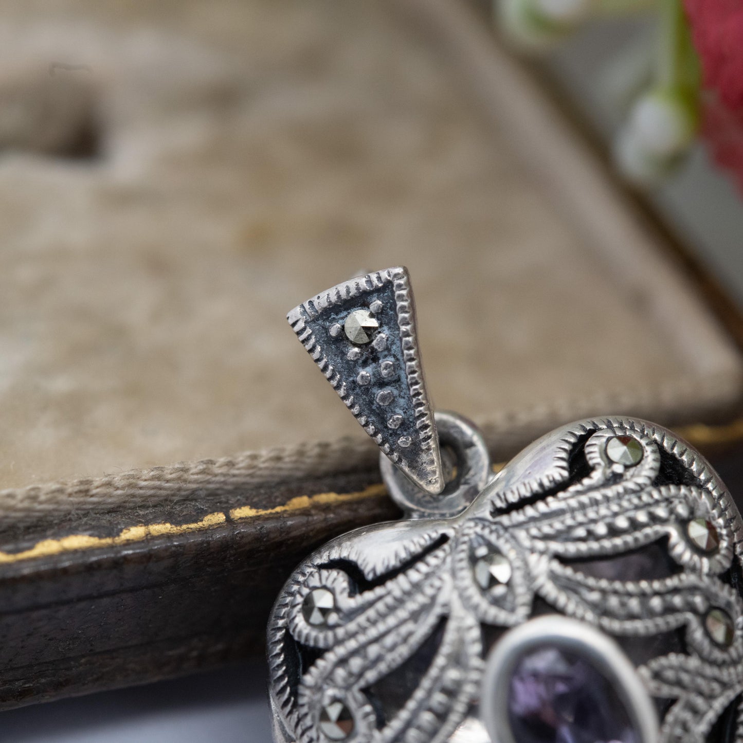 Sterling Silver Marcasite & Amethyst Heart Locket Pendant - Thai | Ornate | Love Heart | Pretty Gift for Her Necklace
