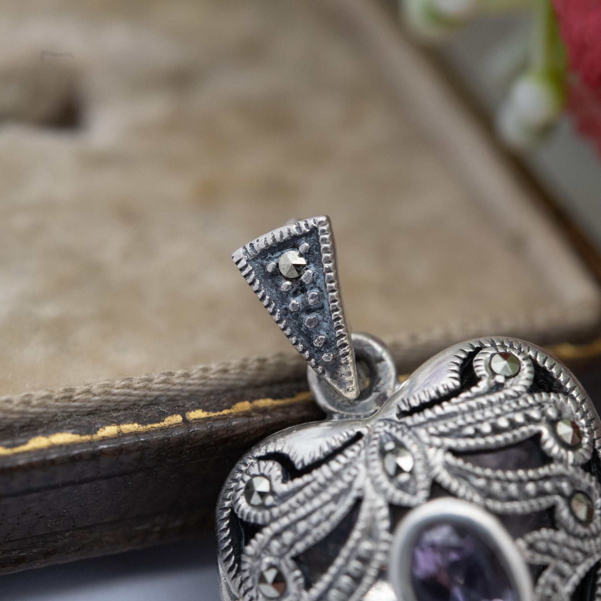 Sterling Silver Marcasite & Amethyst Heart Locket Pendant - Thai | Ornate | Love Heart | Pretty Gift for Her Necklace