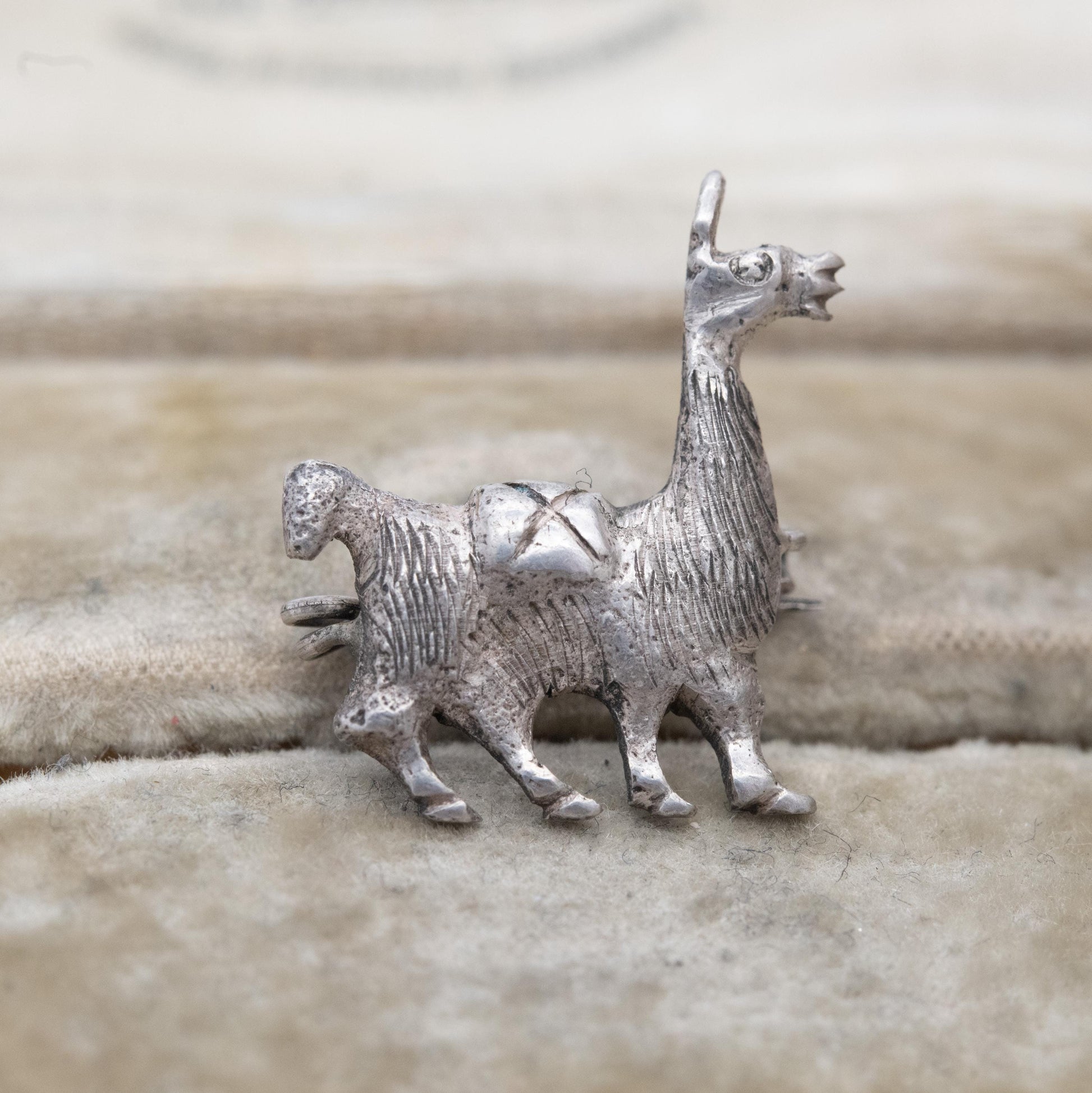 Vintage Silver Llama Brooch - Peru Silver Animal | Textured Silver Alpaca and Saddle | Souvenir Gift