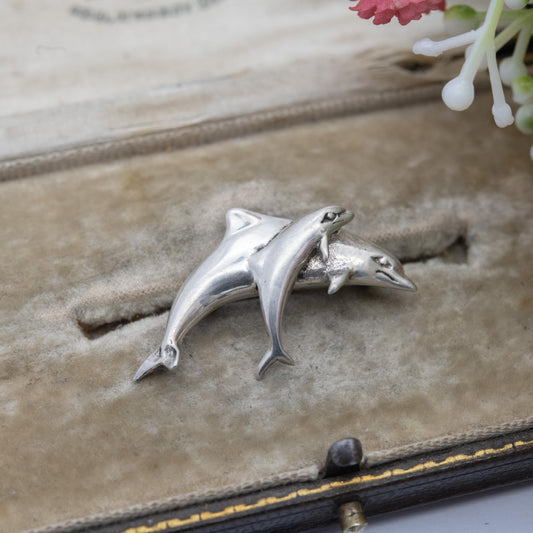 Vintage Sterling Silver Dolphins Brooch - Sea Life Jewellery | Gift for Animal Lover