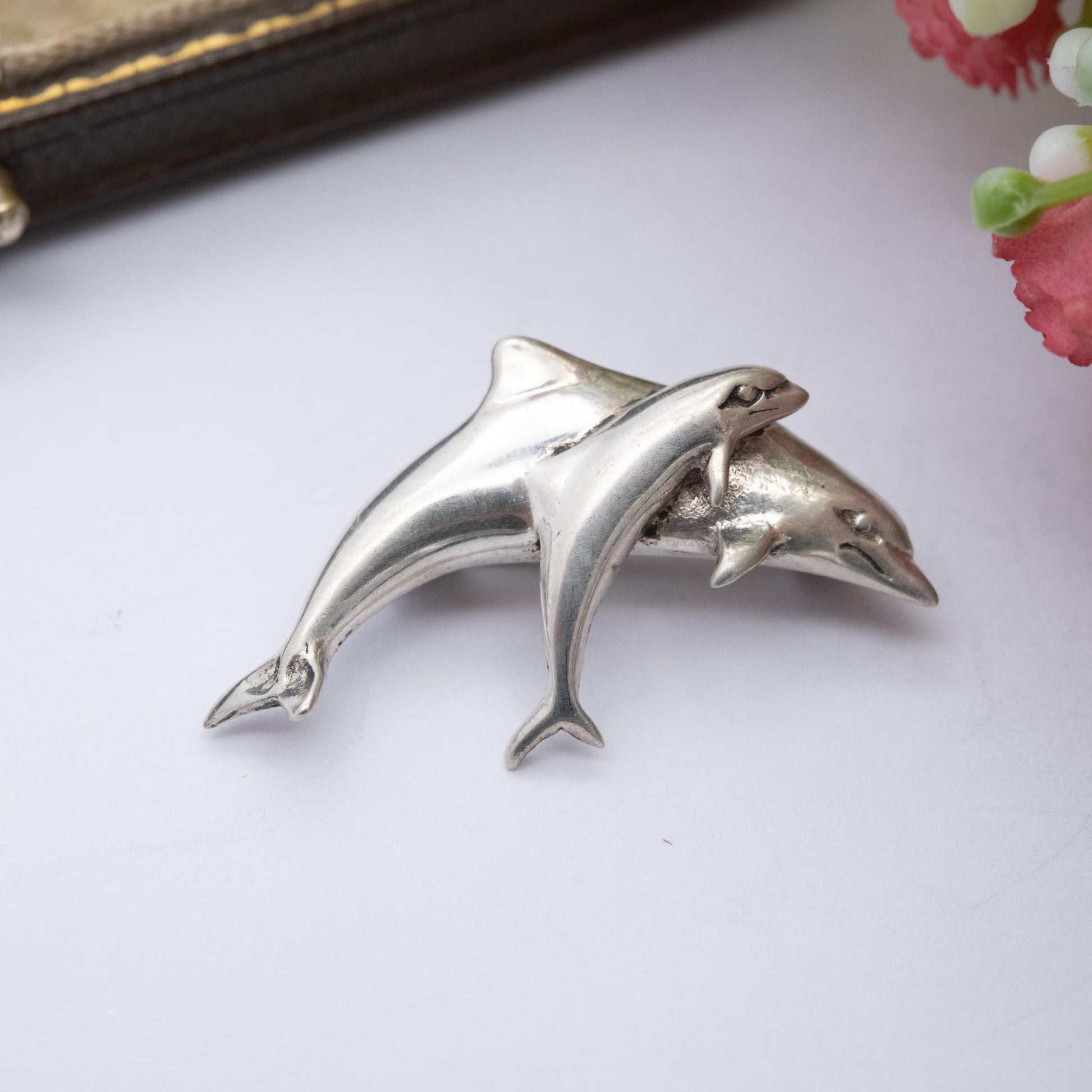 Vintage Sterling Silver Dolphins Brooch - Sea Life Jewellery | Gift for Animal Lover