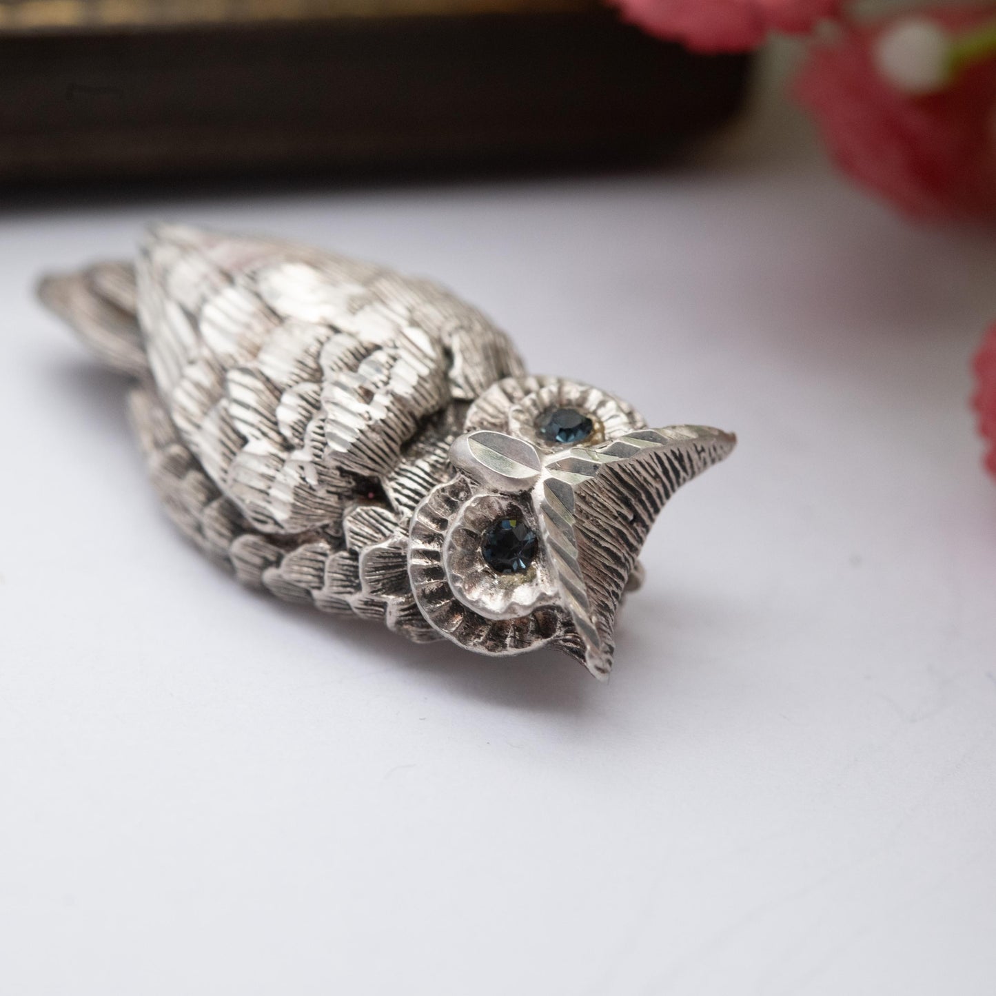Vintage Sterling Silver Owl Brooch - Blue Stone Eyes | Gift for Animal Lover
