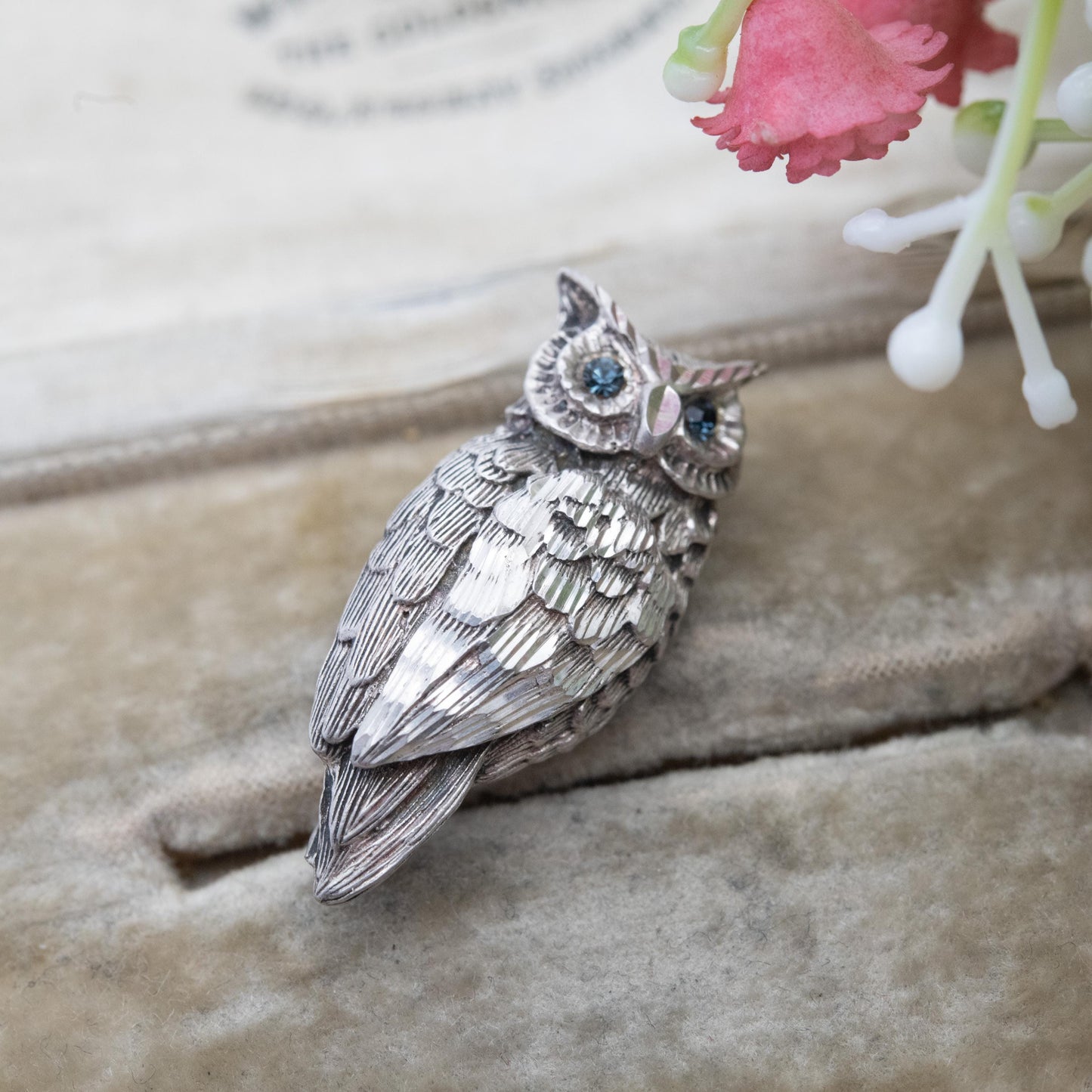 Vintage Sterling Silver Owl Brooch - Blue Stone Eyes | Gift for Animal Lover