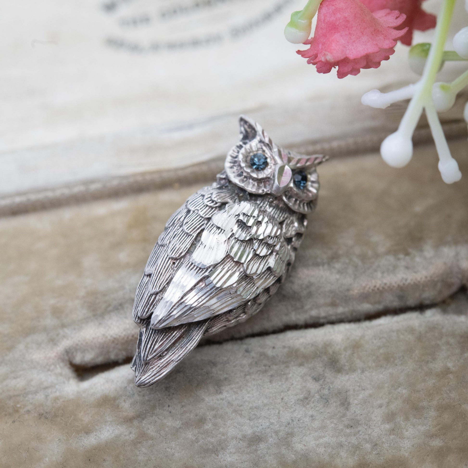 Vintage Sterling Silver Owl Brooch - Blue Stone Eyes | Gift for Animal Lover