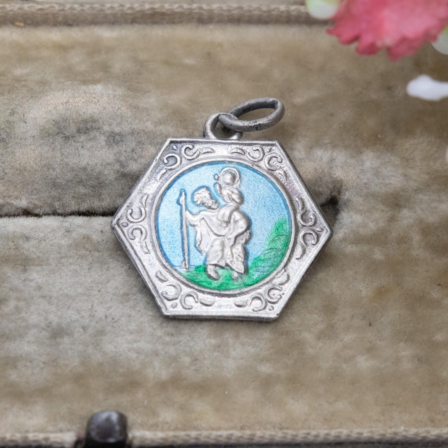 Vintage Sterling Silver Enamel St. Christopher Pendant - Hexagon Design | Saint of Travelling | Christian Religious Gift