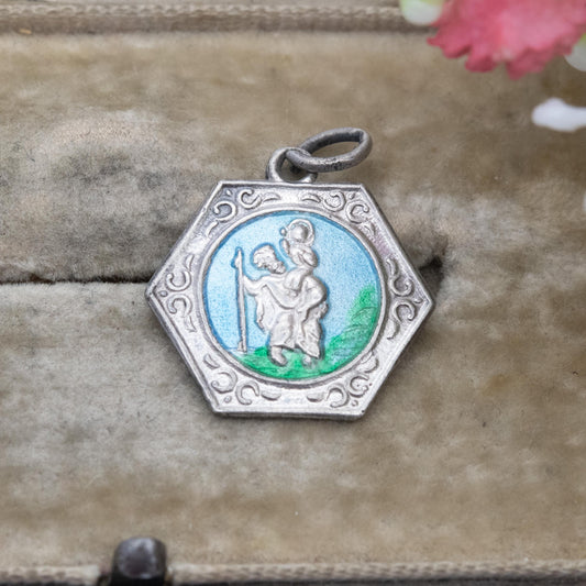 Vintage Sterling Silver Enamel St. Christopher Pendant - Hexagon Design | Saint of Travelling | Christian Religious Gift