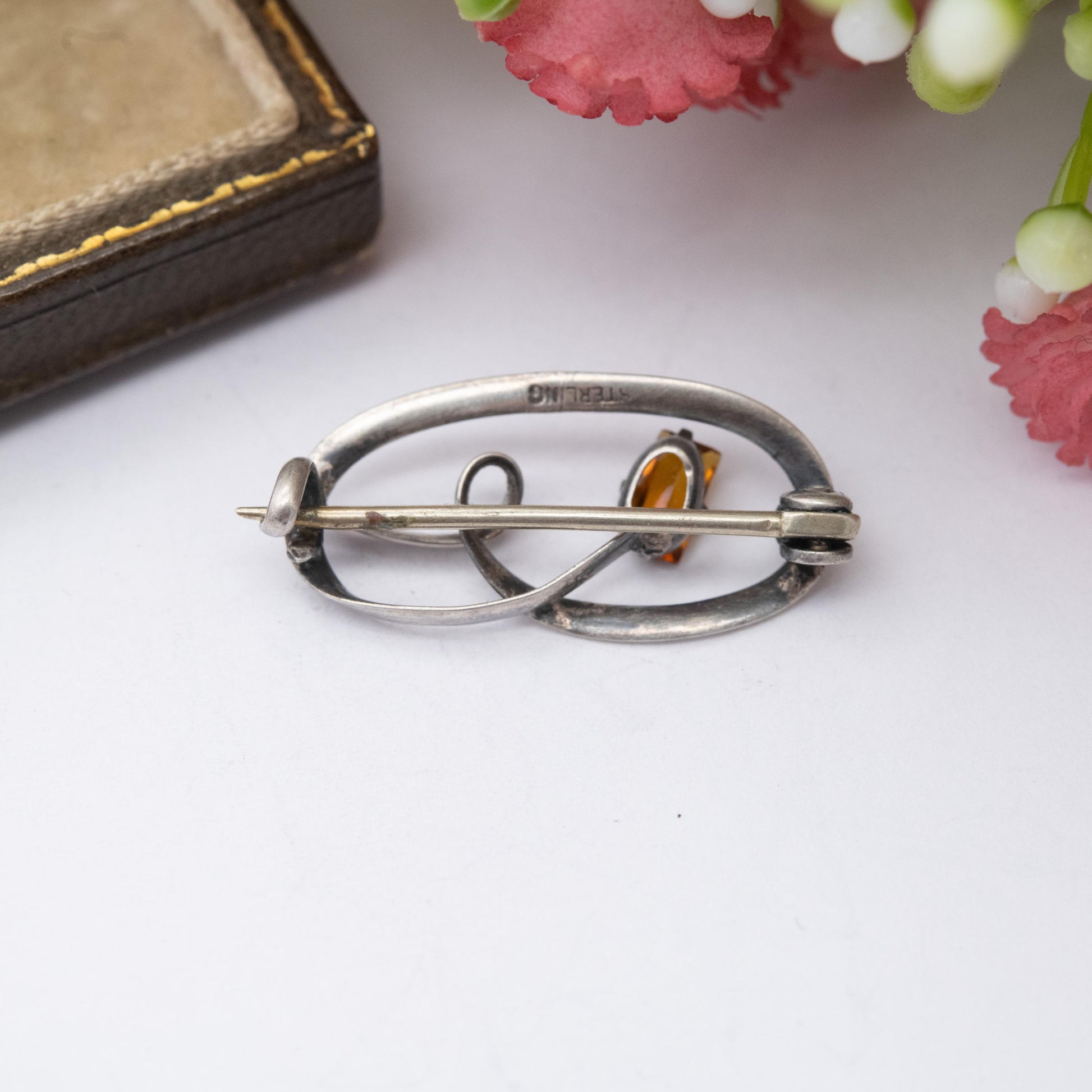 Antique Edwardian Silver Flower Brooch c. 1910 - Small Orange Gemstone | Pretty Gift for Her