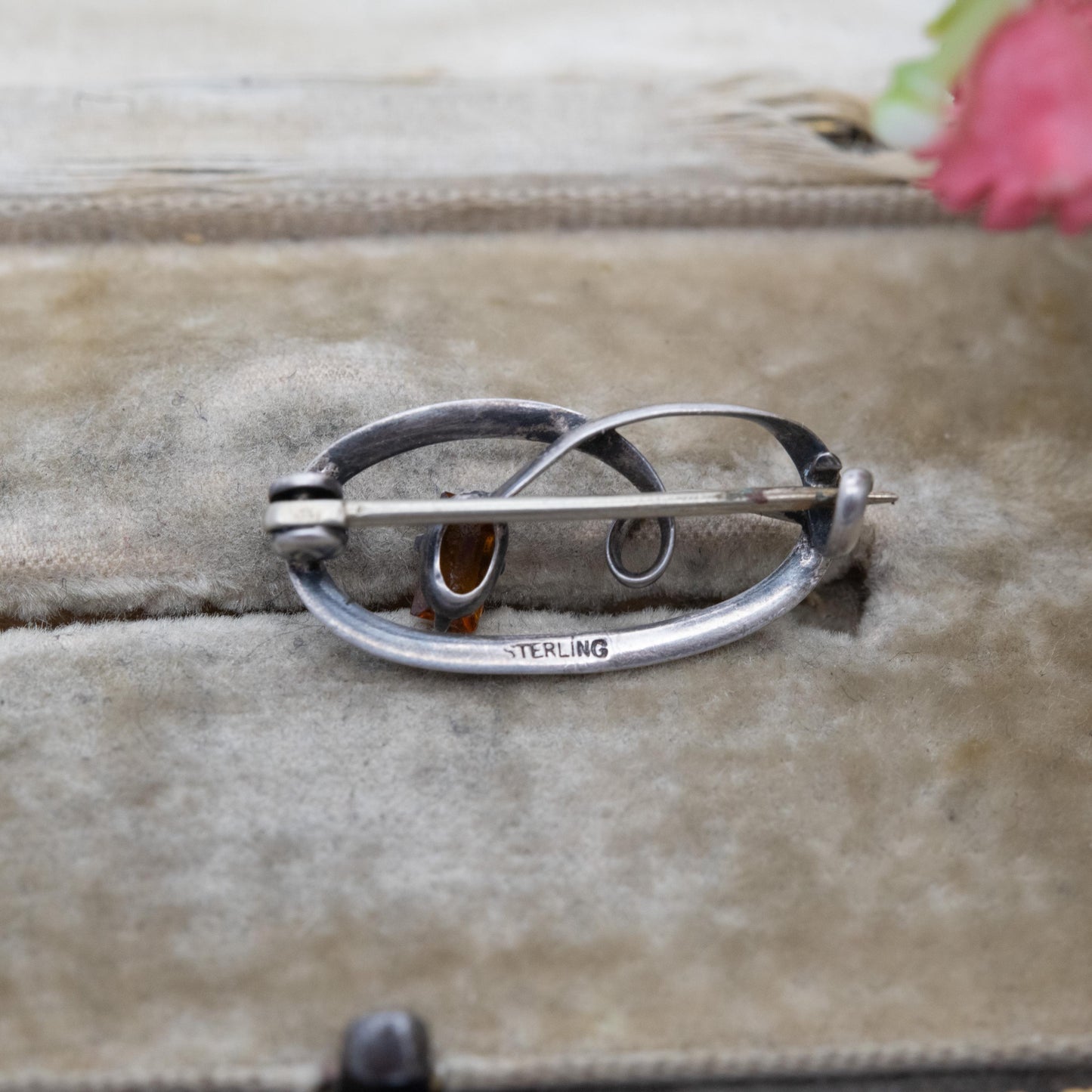 Antique Edwardian Silver Flower Brooch c. 1910 - Small Orange Gemstone | Pretty Gift for Her