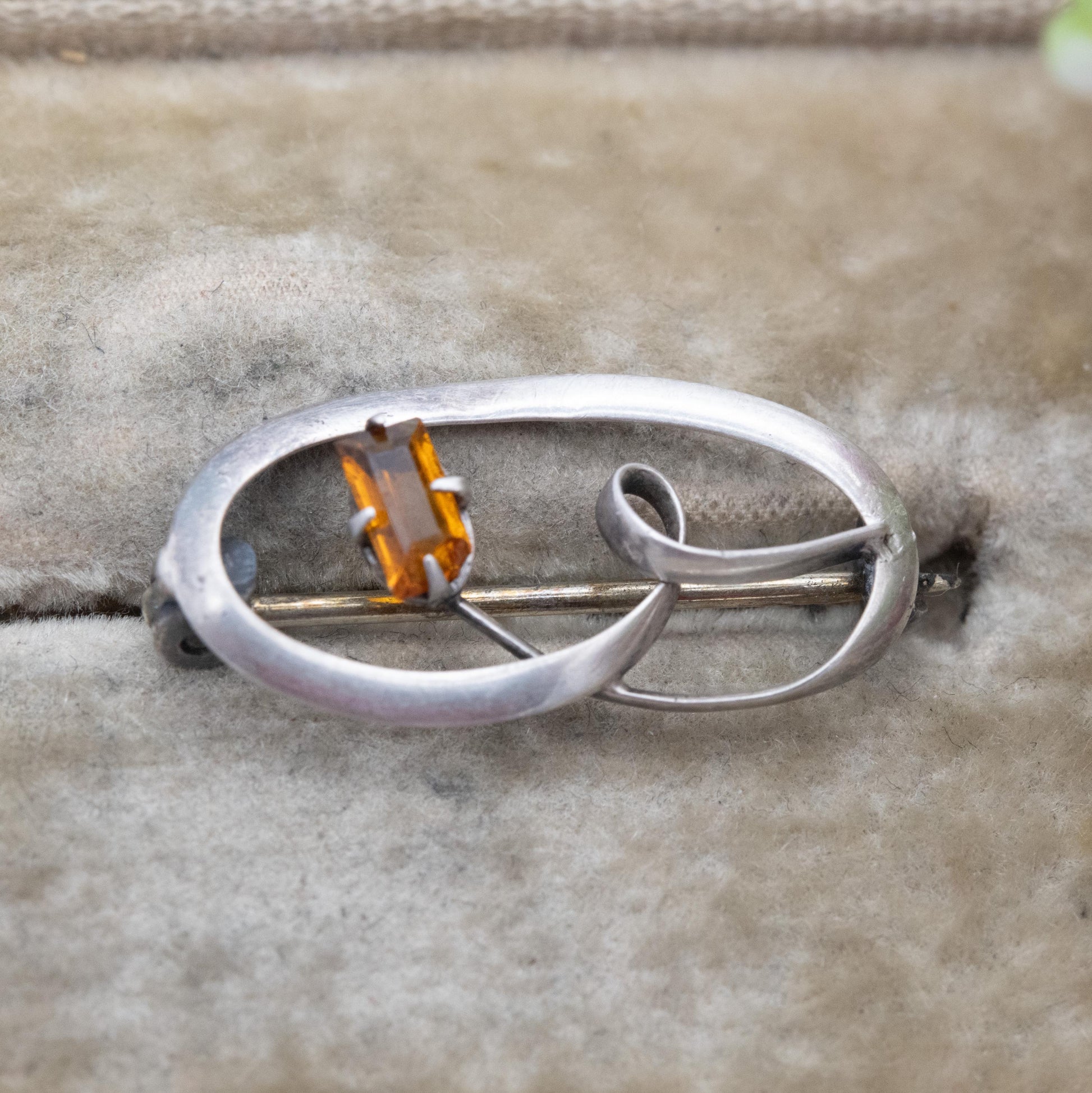 Antique Edwardian Silver Flower Brooch c. 1910 - Small Orange Gemstone | Pretty Gift for Her