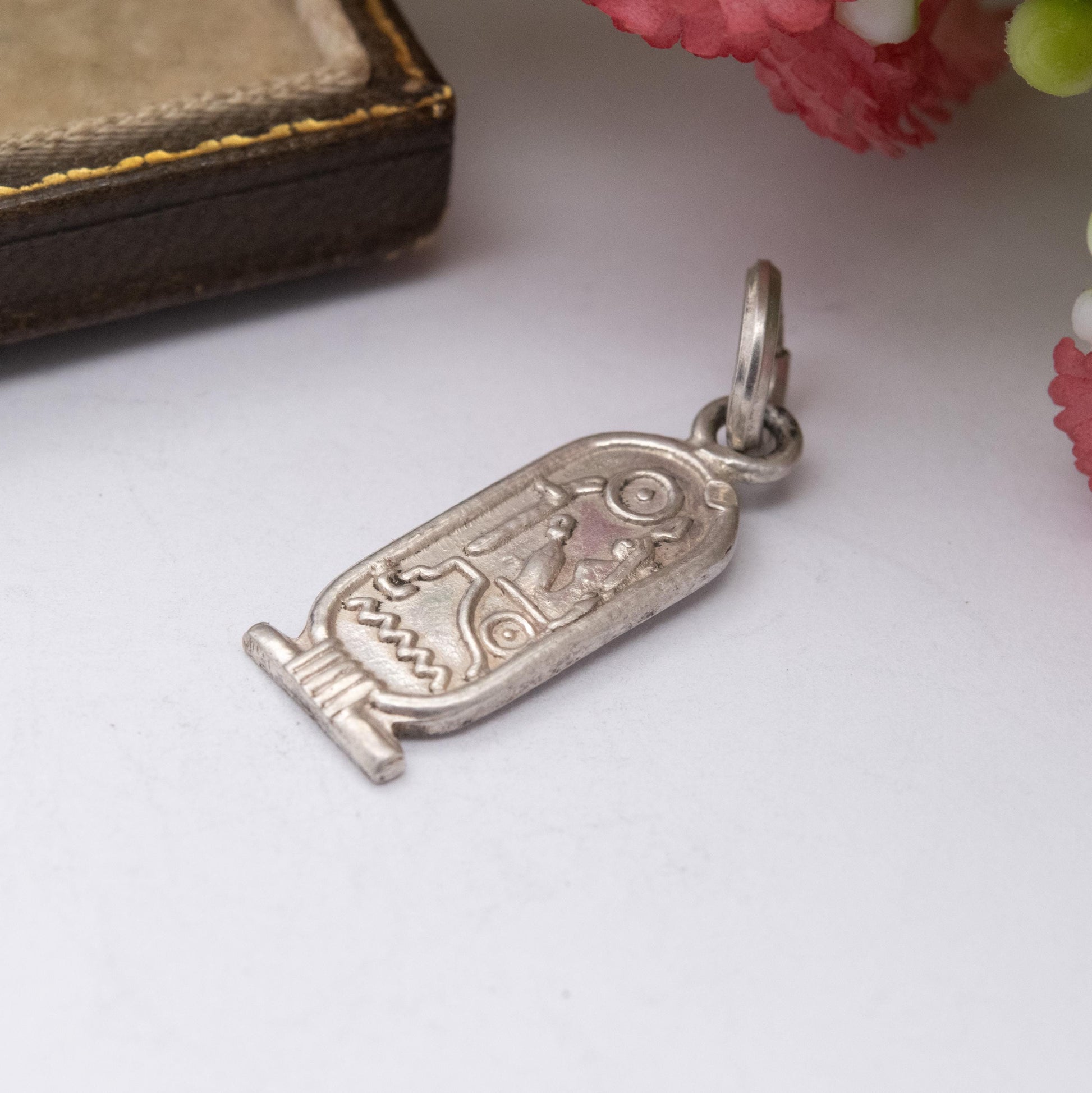 Vintage Silver Egyptian Cartouche Pendant with Hieroglyphs - Raised Relief Design Ancient Egypt Symbols