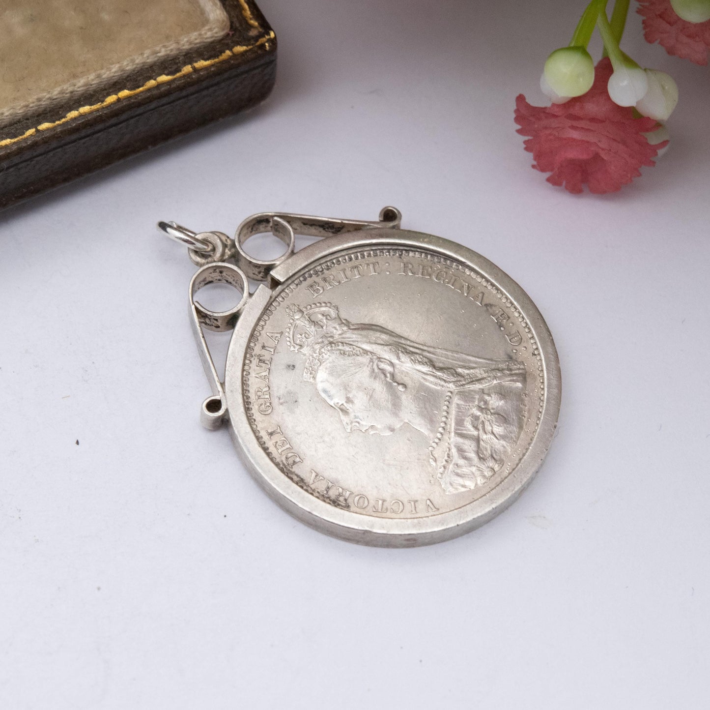 Antique 1887 Victoria Shilling Coin Charm Pendant - Openwork Scrolling Mount | Jubilee Head | Collectable Pendant
