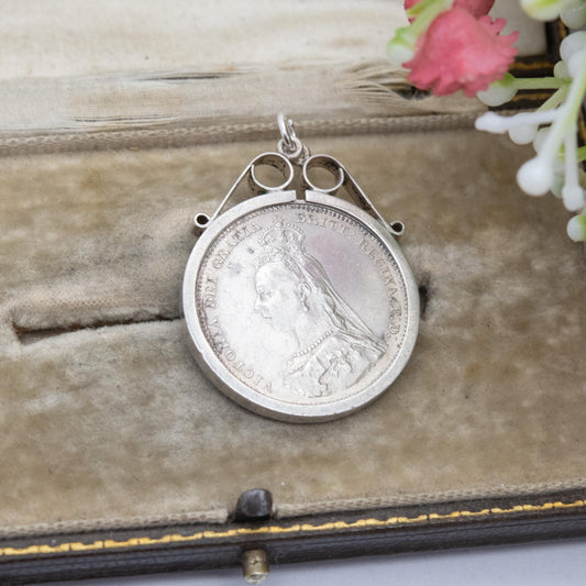 Antique 1887 Victoria Shilling Coin Charm Pendant - Openwork Scrolling Mount | Jubilee Head | Collectable Pendant