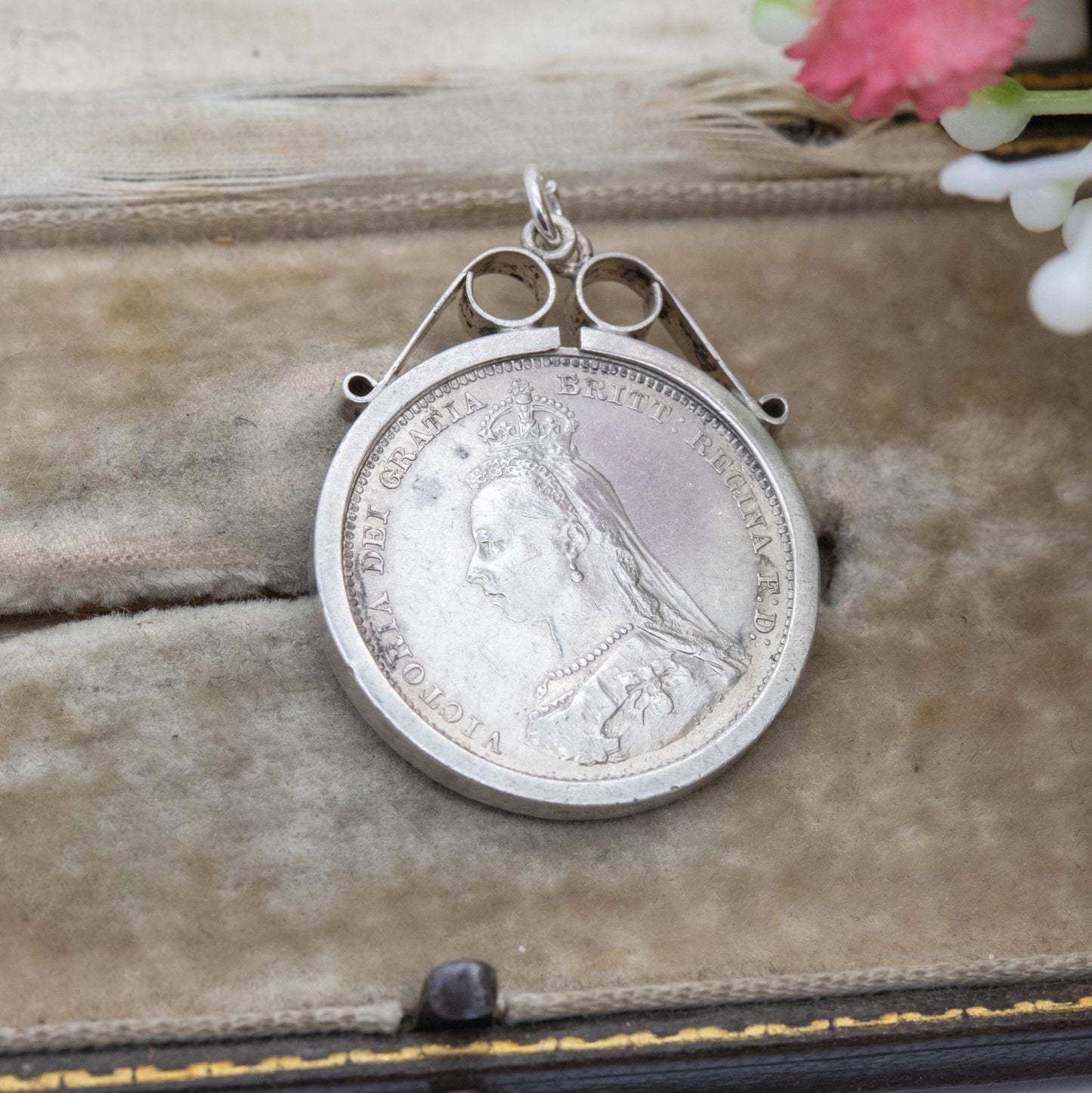 Antique 1887 Victoria Shilling Coin Charm Pendant - Openwork Scrolling Mount | Jubilee Head | Collectable Pendant