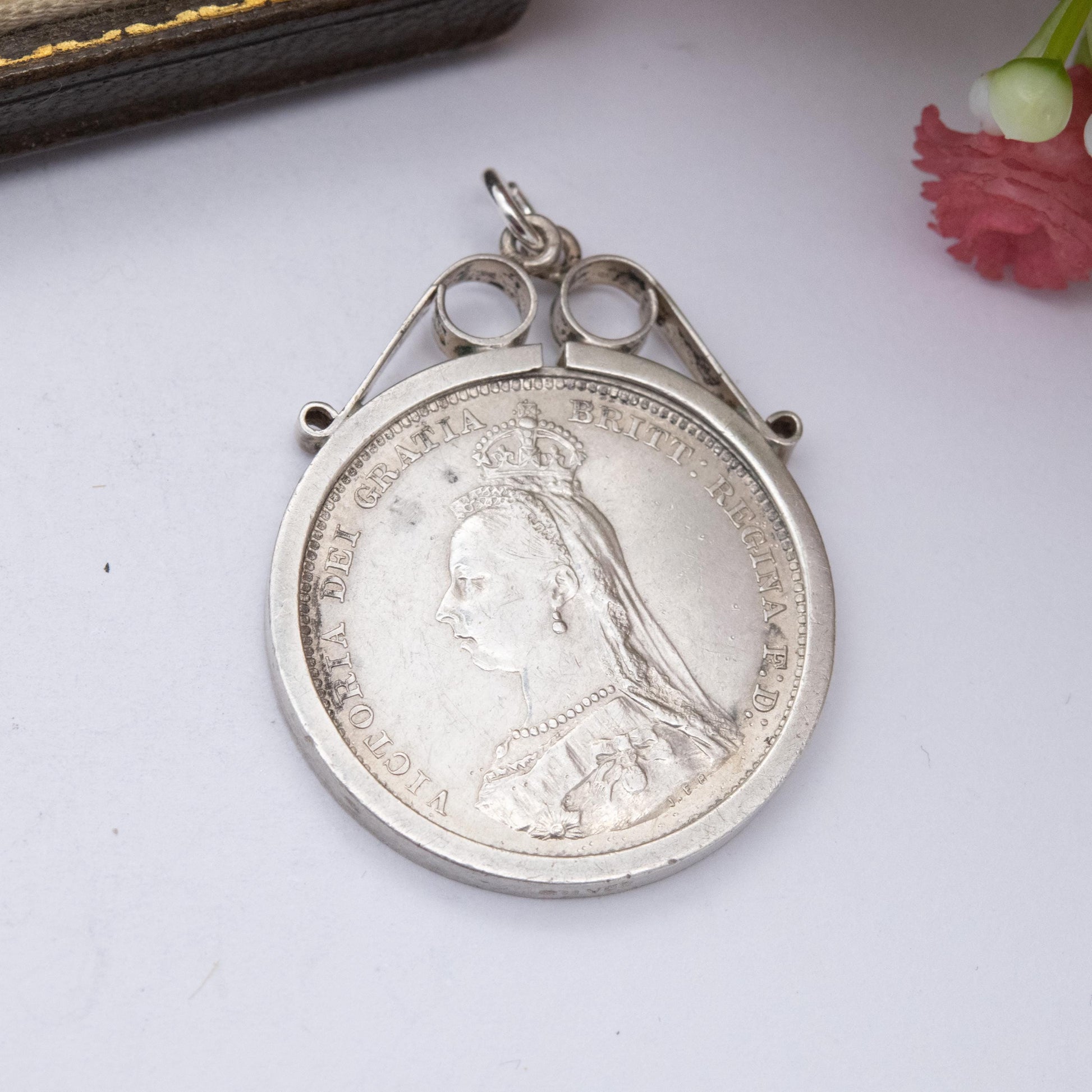 Antique 1887 Victoria Shilling Coin Charm Pendant - Openwork Scrolling Mount | Jubilee Head | Collectable Pendant