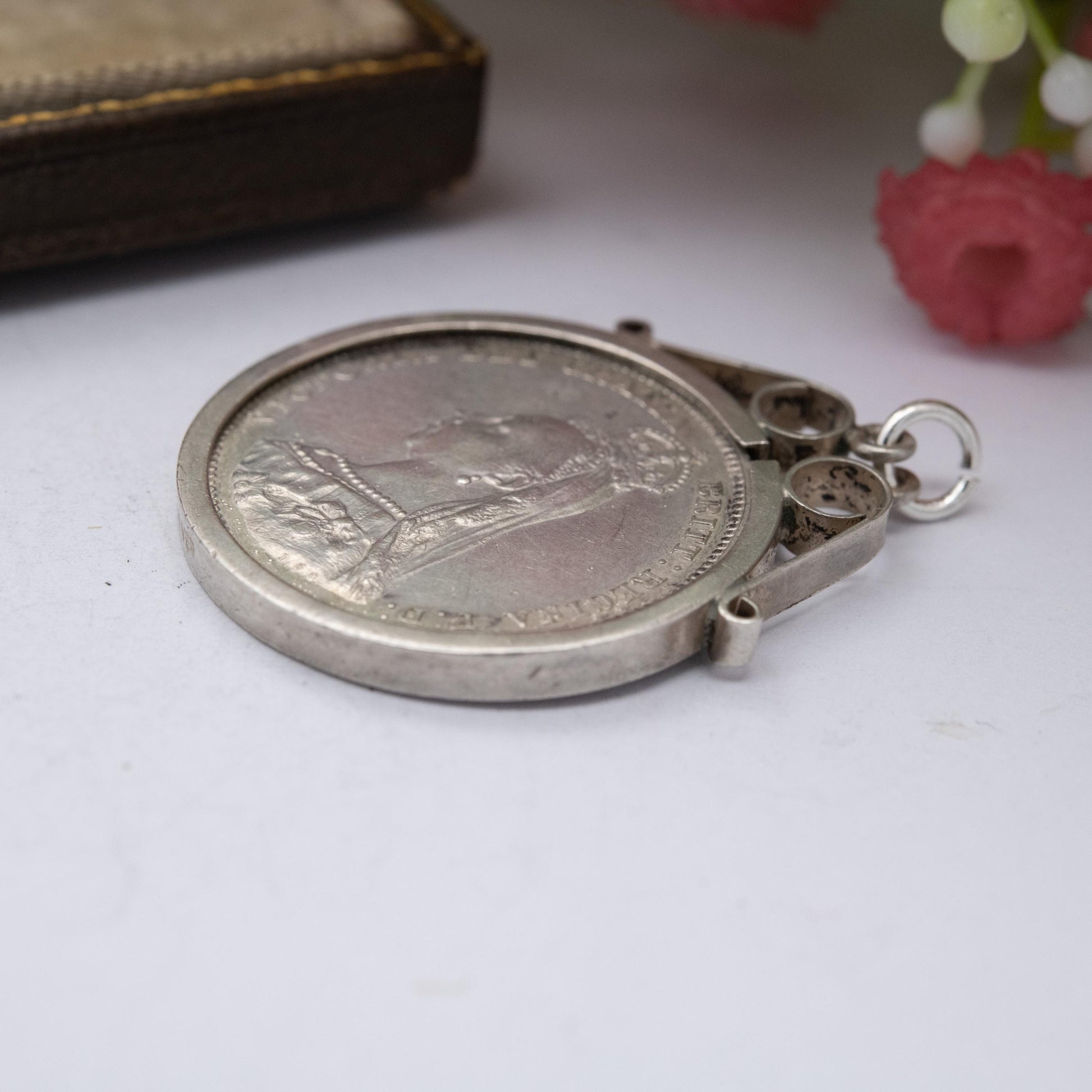 Antique 1887 Victoria Shilling Coin Charm Pendant - Openwork Scrolling Mount | Jubilee Head | Collectable Pendant