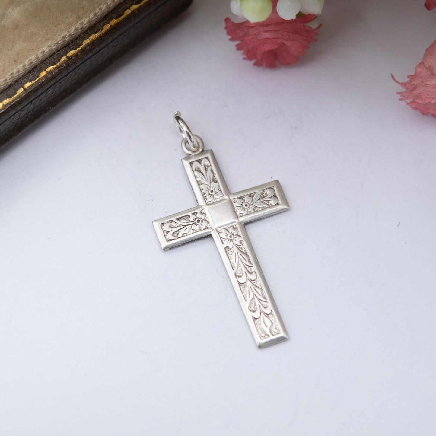 Vintage Sterling Silver Floral Cross Pendant - Textured Floral Engraving | Religious Jewellery