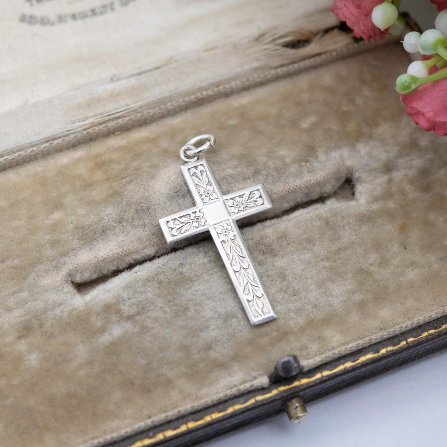 Vintage Sterling Silver Floral Cross Pendant - Textured Floral Engraving | Religious Jewellery