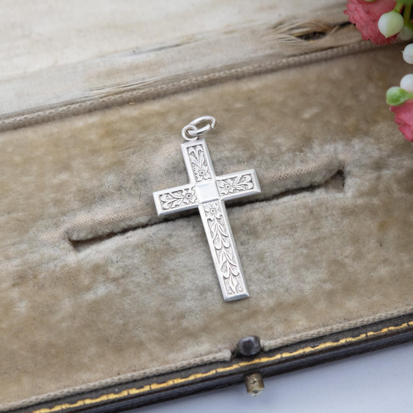 Vintage Sterling Silver Floral Cross Pendant - Textured Floral Engraving | Religious Jewellery