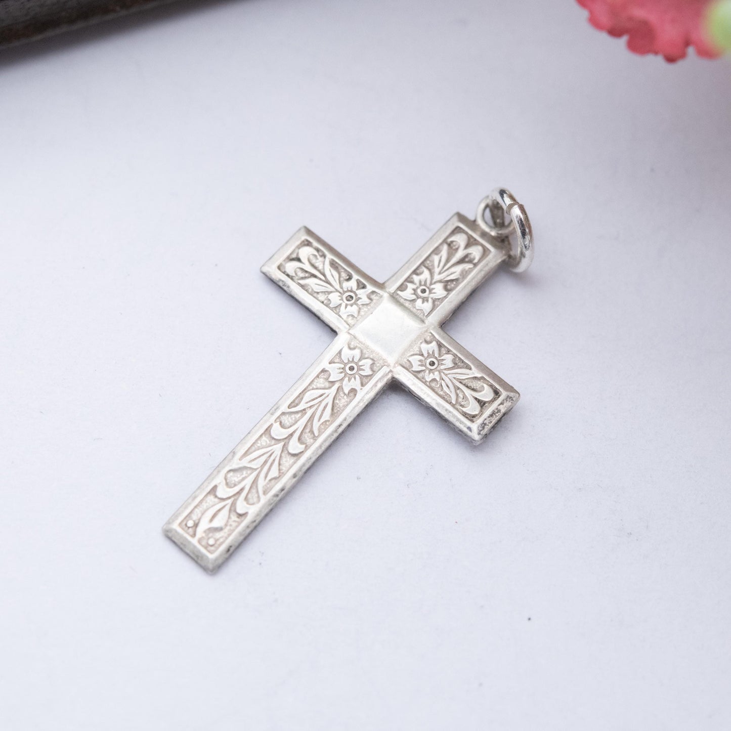 Vintage Sterling Silver Floral Cross Pendant - Textured Floral Engraving | Religious Jewellery