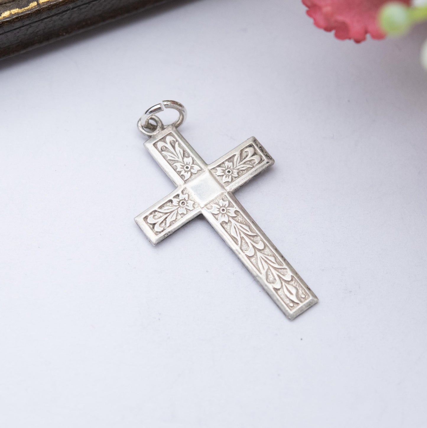 Vintage Sterling Silver Floral Cross Pendant - Textured Floral Engraving | Religious Jewellery