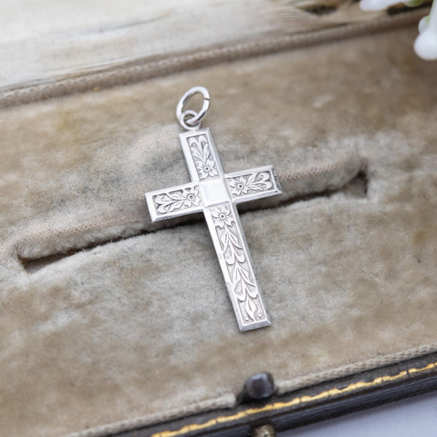 Vintage Sterling Silver Floral Cross Pendant - Textured Floral Engraving | Religious Jewellery