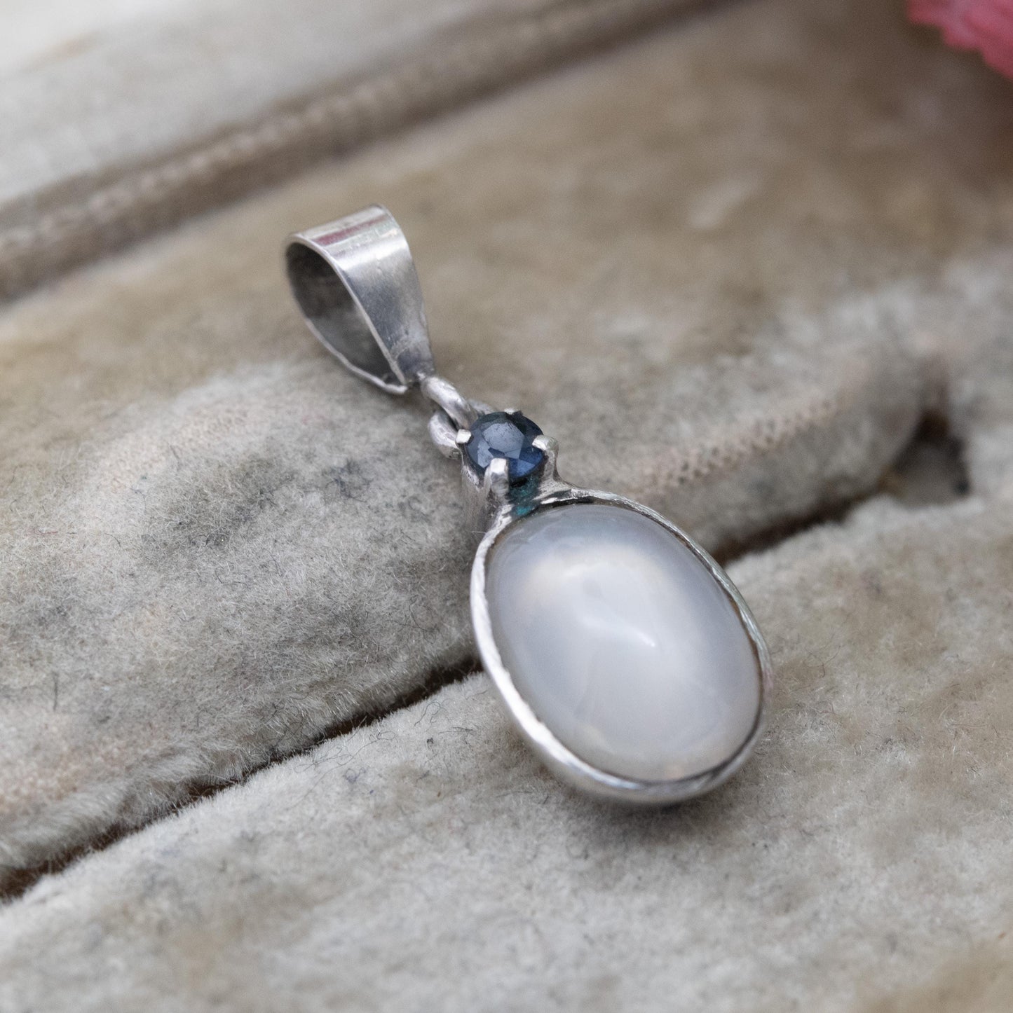 Vintage Sterling Silver Sapphire and Moonstone Pendant - Gift for Her