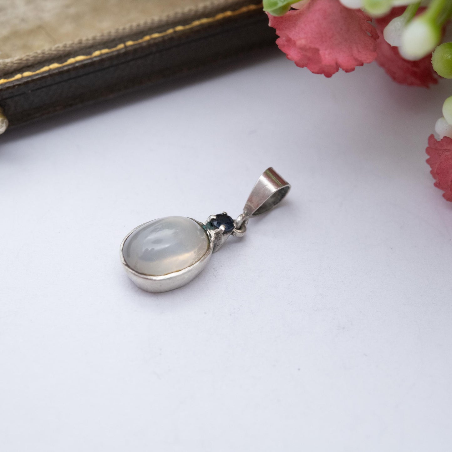 Vintage Sterling Silver Sapphire and Moonstone Pendant - Gift for Her