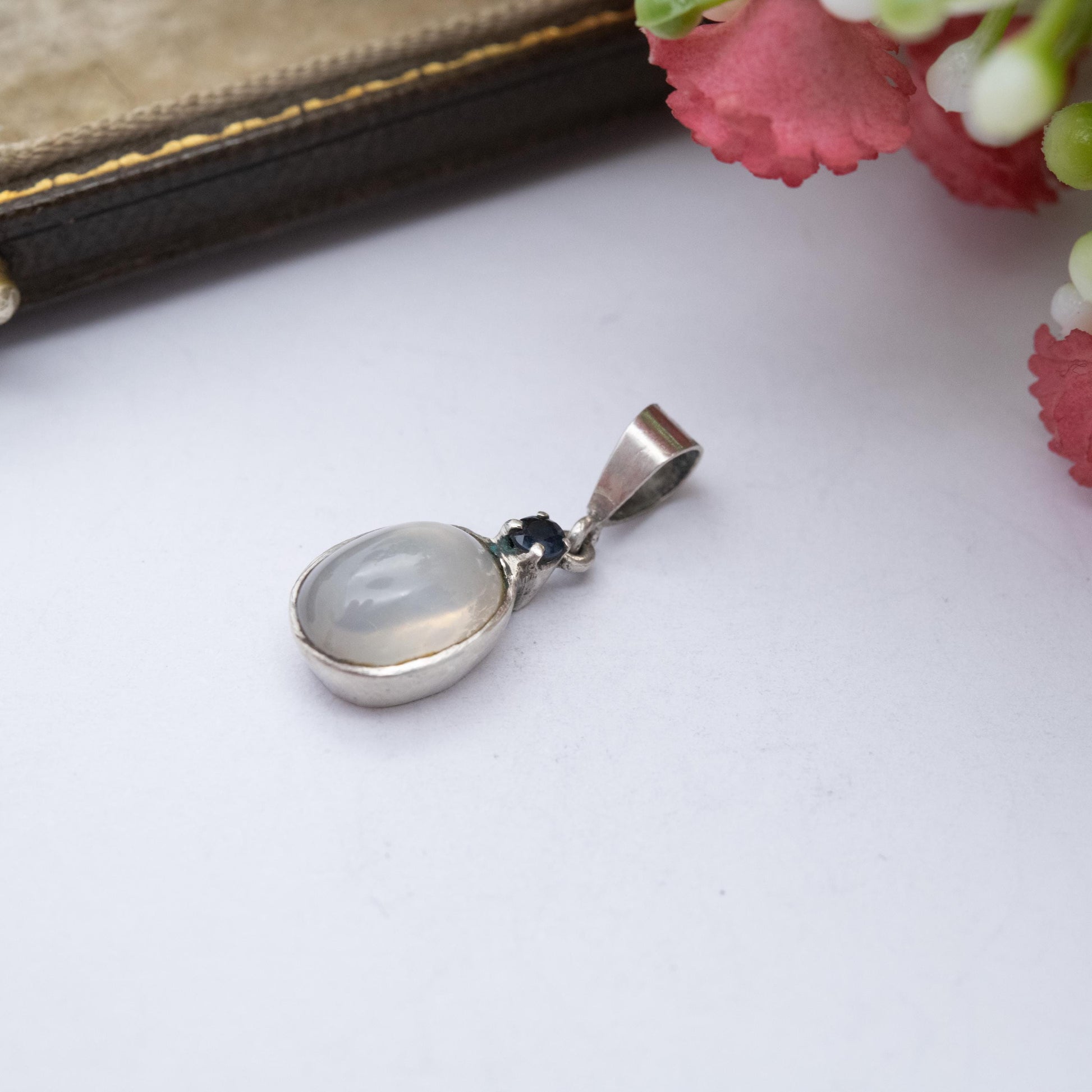 Vintage Sterling Silver Sapphire and Moonstone Pendant - Gift for Her